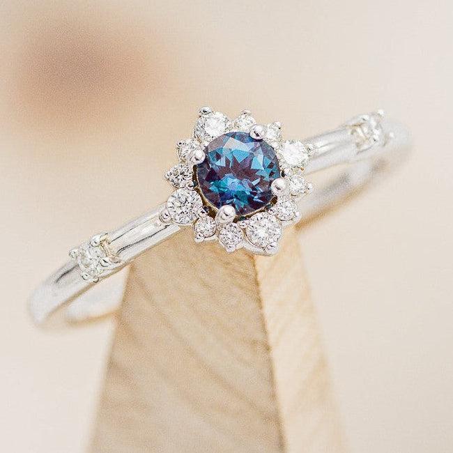 "STARLA" - ROUND CUT LAB-GROWN ALEXANDRITE ENGAGEMENT RING WITH STARBURST DIAMOND HALO-1