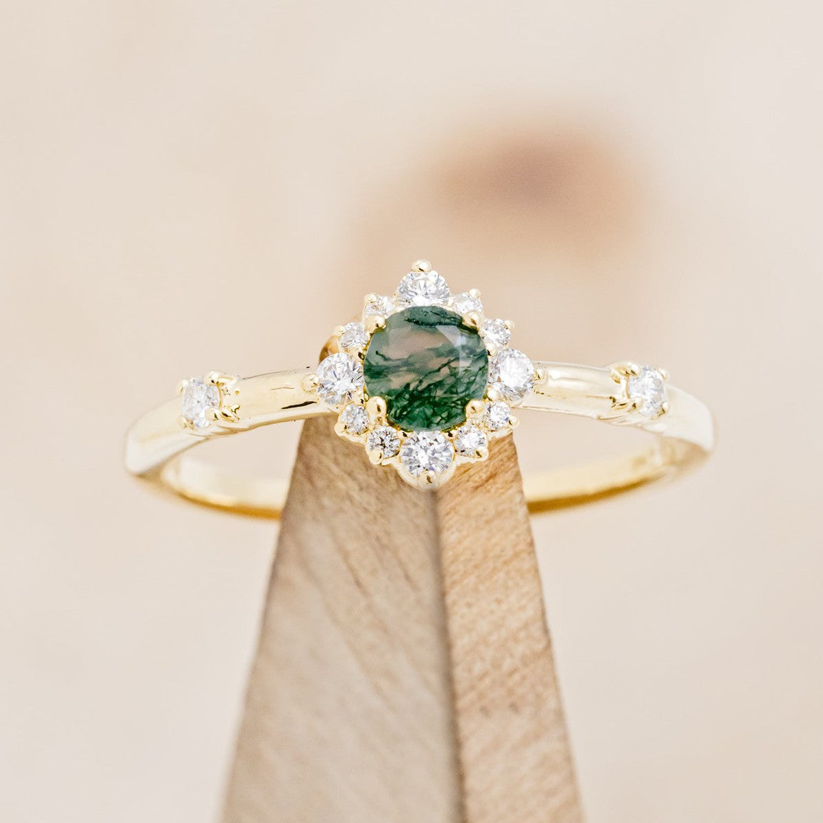"STARLA" - ROUND CUT MOSS AGATE ENGAGEMENT RING WITH A STARBURST DIAMOND HALO-1