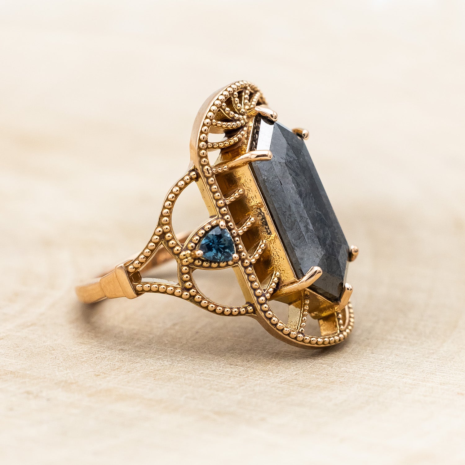 ONE-OF-A-KIND - ELONGATED HEXAGON ROSE CUT SALT & PEPPER DIAMOND ENGAGEMENT RING WITH AUSTRALIAN SAPPHIRE ACCENTS-Staghead Designs