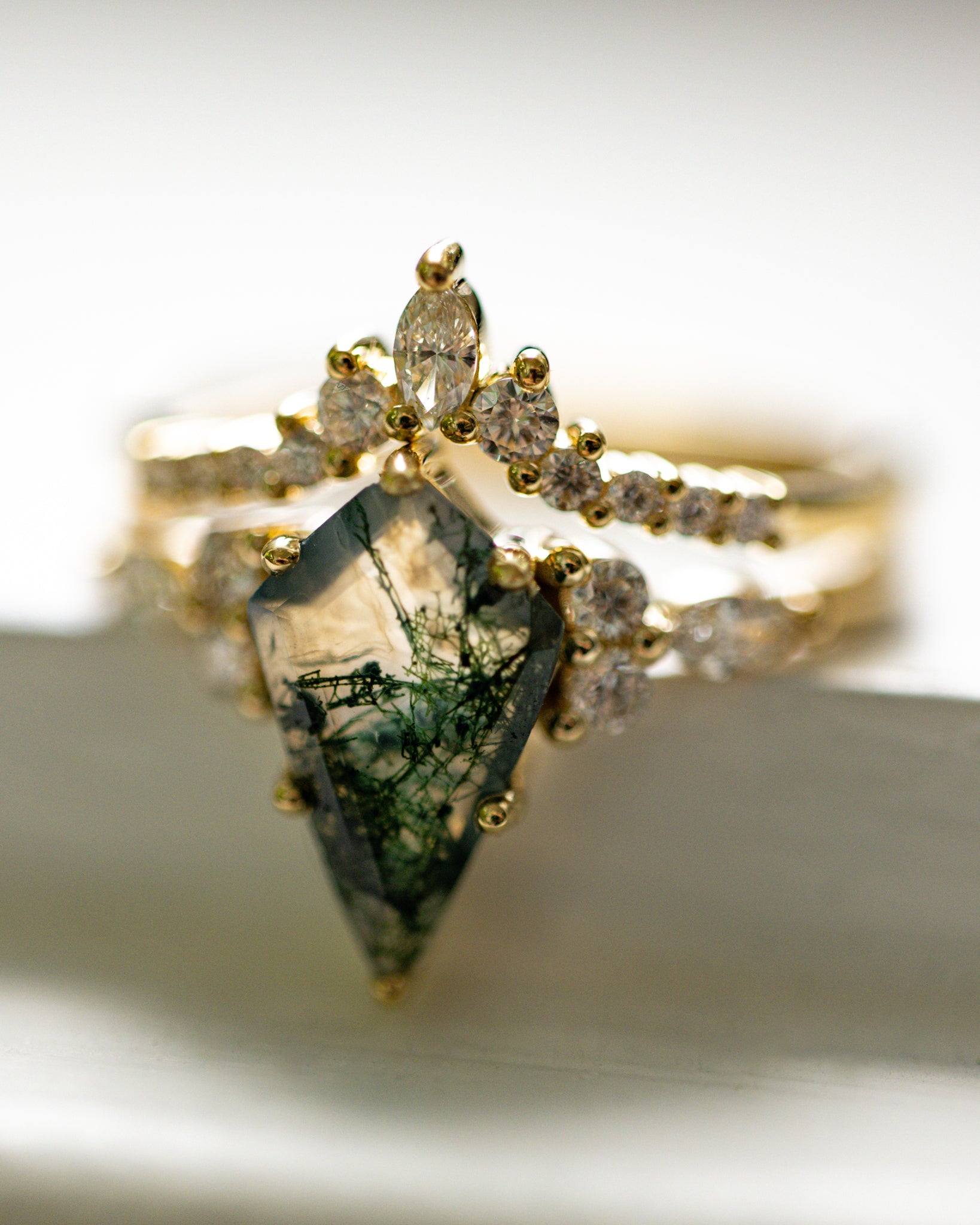 "SAGE" - KITE CUT MOSS AGATE ENGAGEMENT RING WITH DIAMOND ACCENTS & DIAMOND TRACER-56