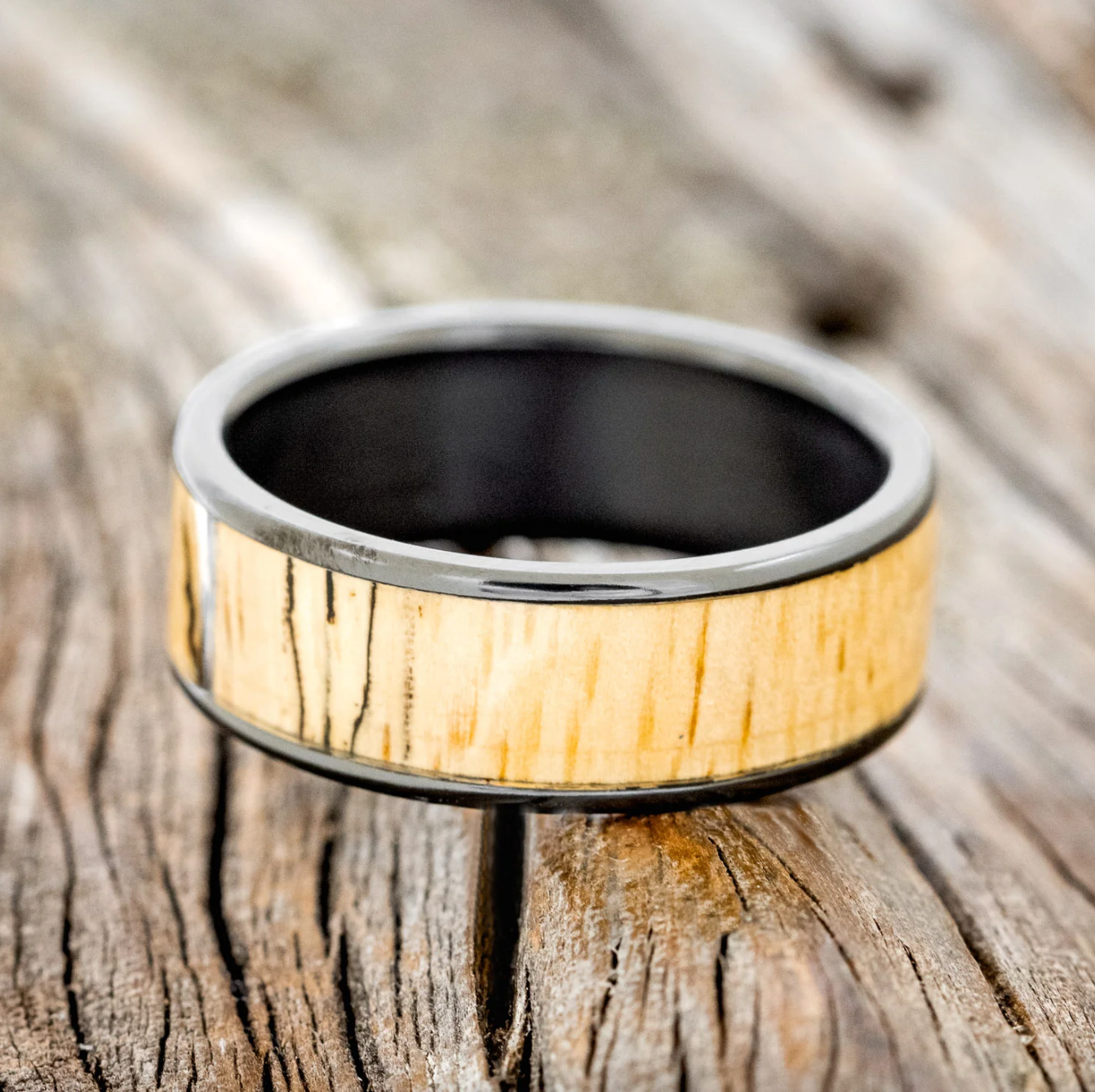 "RAINIER" - SPALTED MAPLE WOOD WEDDING BAND - BLACK ZIRCONIUM - SIZE 11 1/2-3