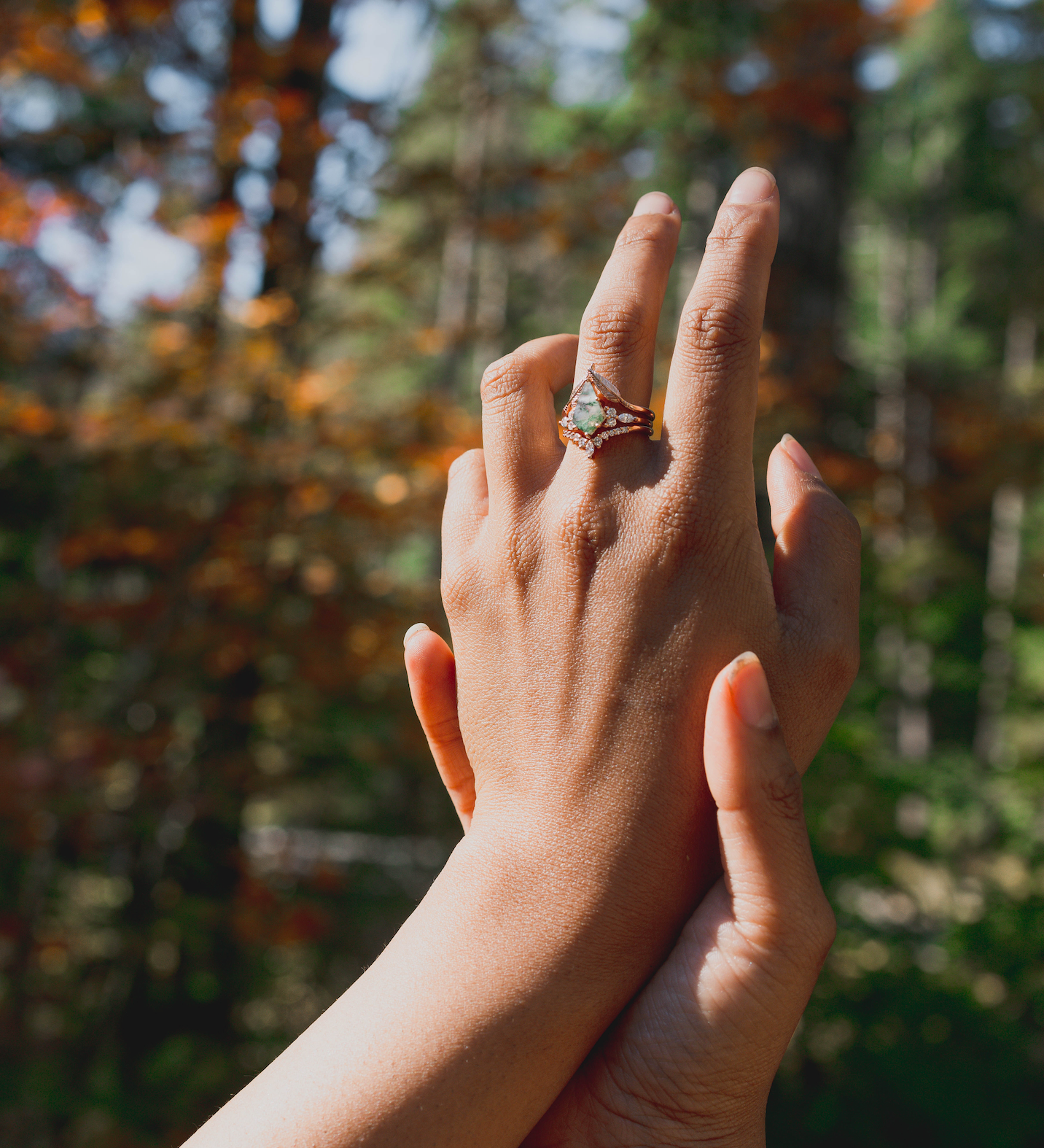"SAGE" - BRIDAL SUITE - KITE CUT MOSS AGATE ENGAGEMENT RING WITH DIAMOND ACCENTS & TRACERS-Staghead Designs