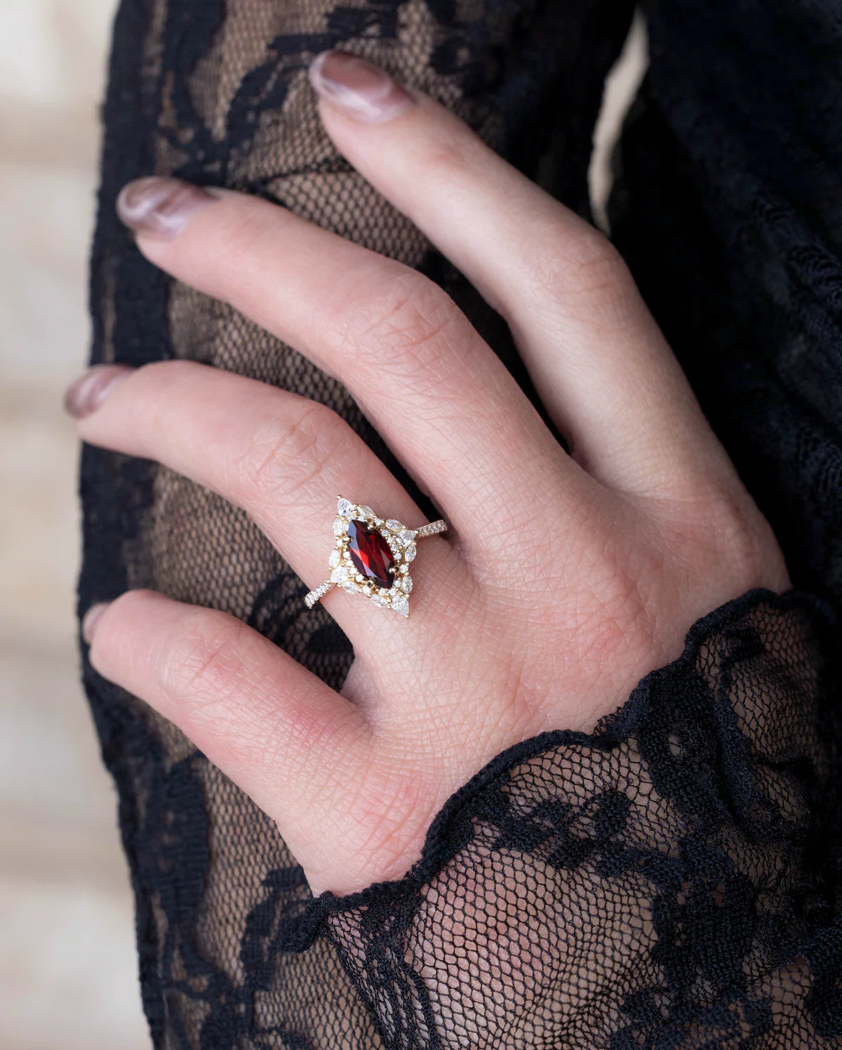 "North Star" - Marquise Cut Garnet Engagement Ring With Diamond Halo & Accents - 14K Yellow Gold - Size 7 1/4