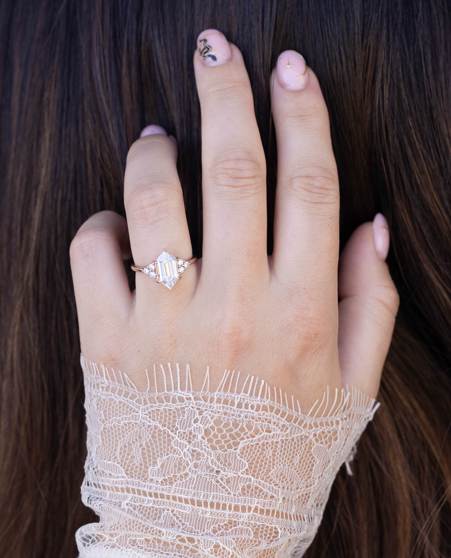 "OCTAVIA" - ELONGATED HEXAGON CUT ENGAGEMENT RING WITH DIAMOND ACCENTS-Staghead Designs