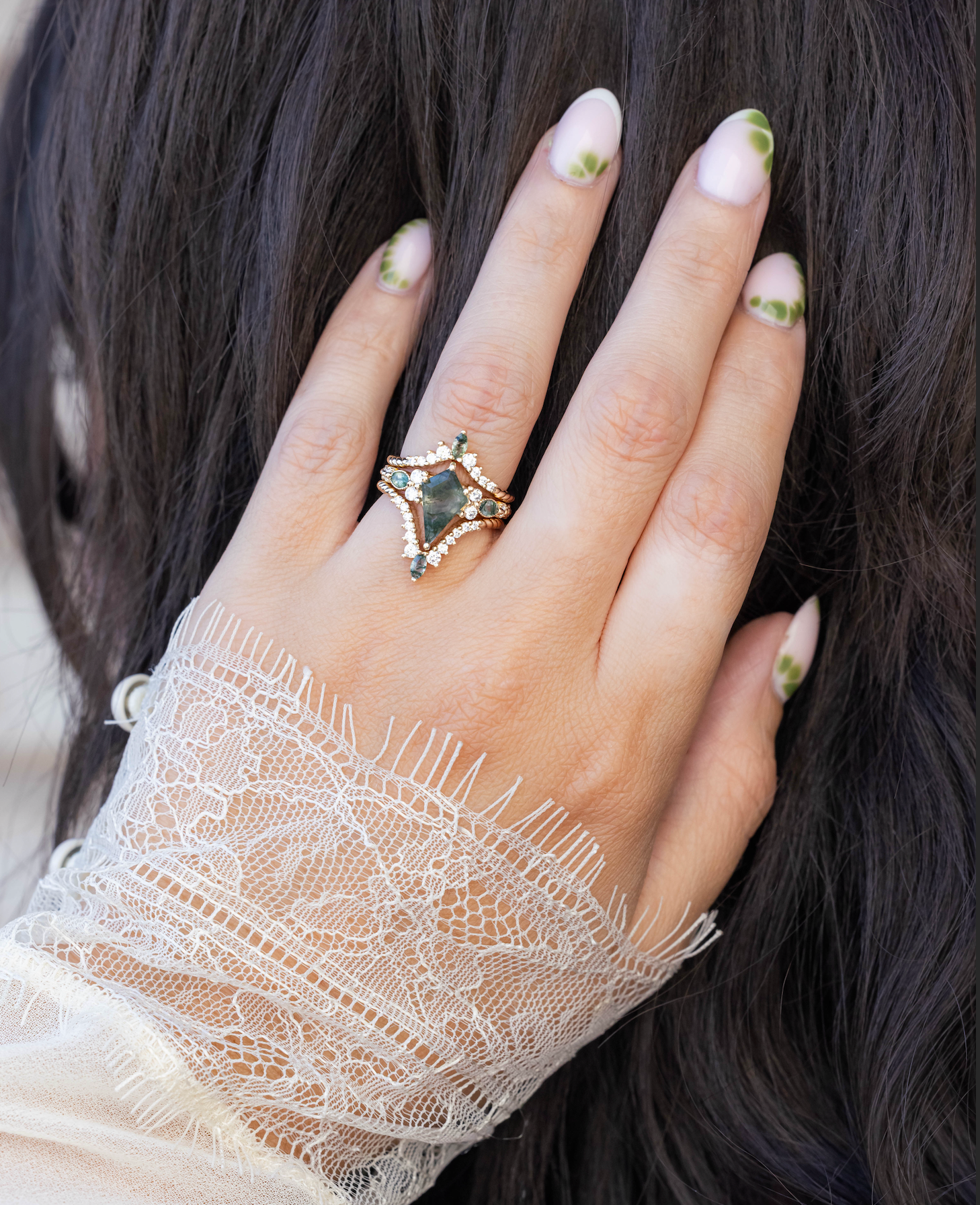 "SHIMMERING SAGE" - BRIDAL SUITE - KITE CUT MOSS AGATE ENGAGEMENT RING WITH MARQUISE MOSS AGATE ACCENTS & A DIAMOND TRACER-Staghead Designs