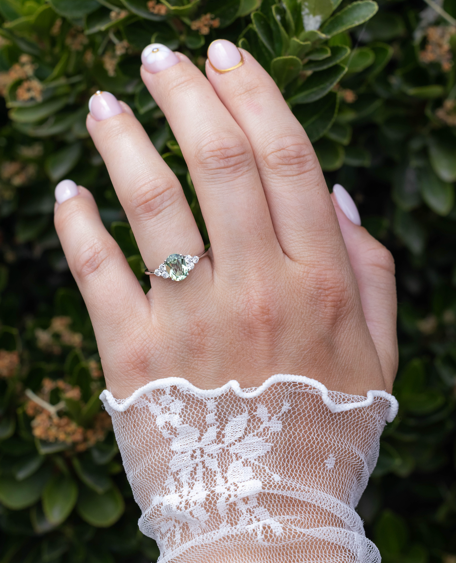 "RHEA" - OVAL CUT LAB-GROWN GREEN SAPPHIRE ENGAGEMENT RING WITH DIAMOND ACCENTS-Staghead Designs