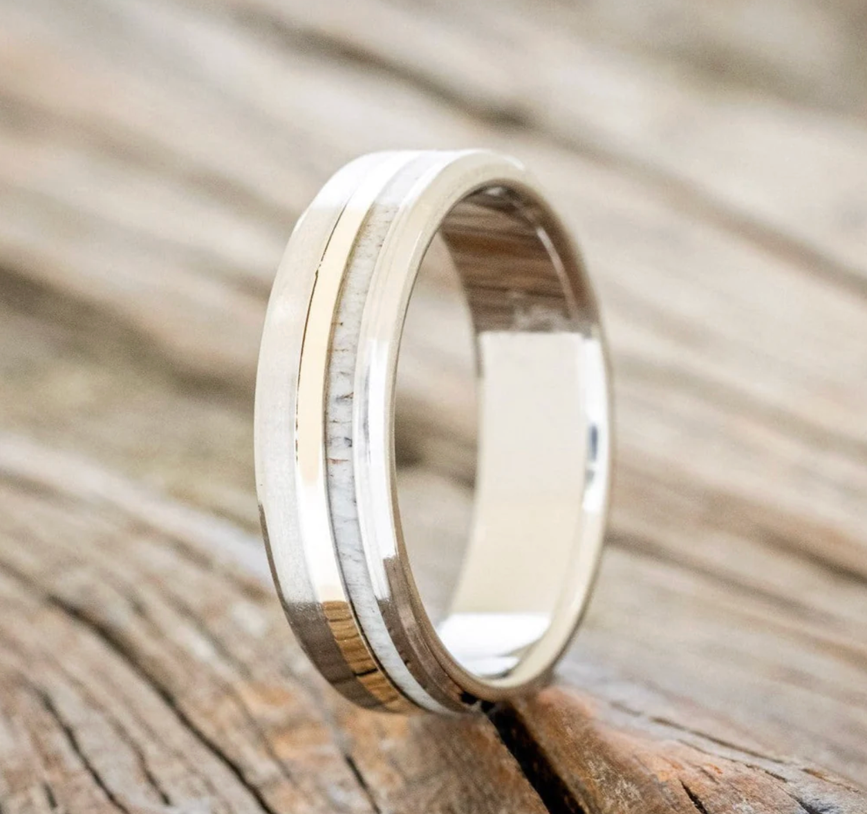 "TANNER" - ELK ANTLER & 14K YELLOW GOLD INLAY WEDDING BAND WITH A BRUSHED FINISH (6MM)- TITANIUM - SIZE 8-Staghead Designs