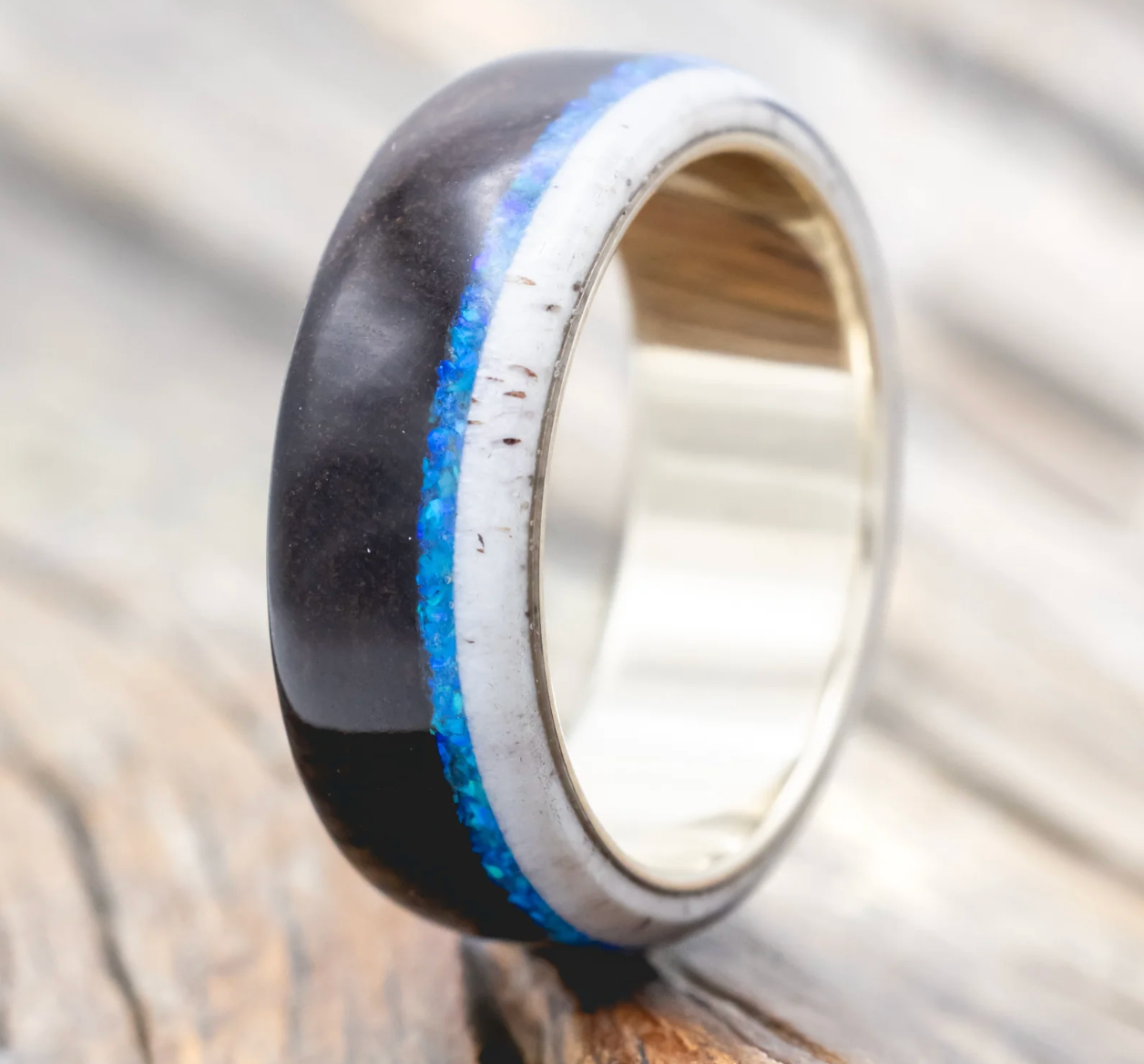 "ARGOS" - IRONWOOD, ANTLER & BLUE OPAL WEDDING BAND - 14K WHITE GOLD - SIZE 9-Staghead Designs