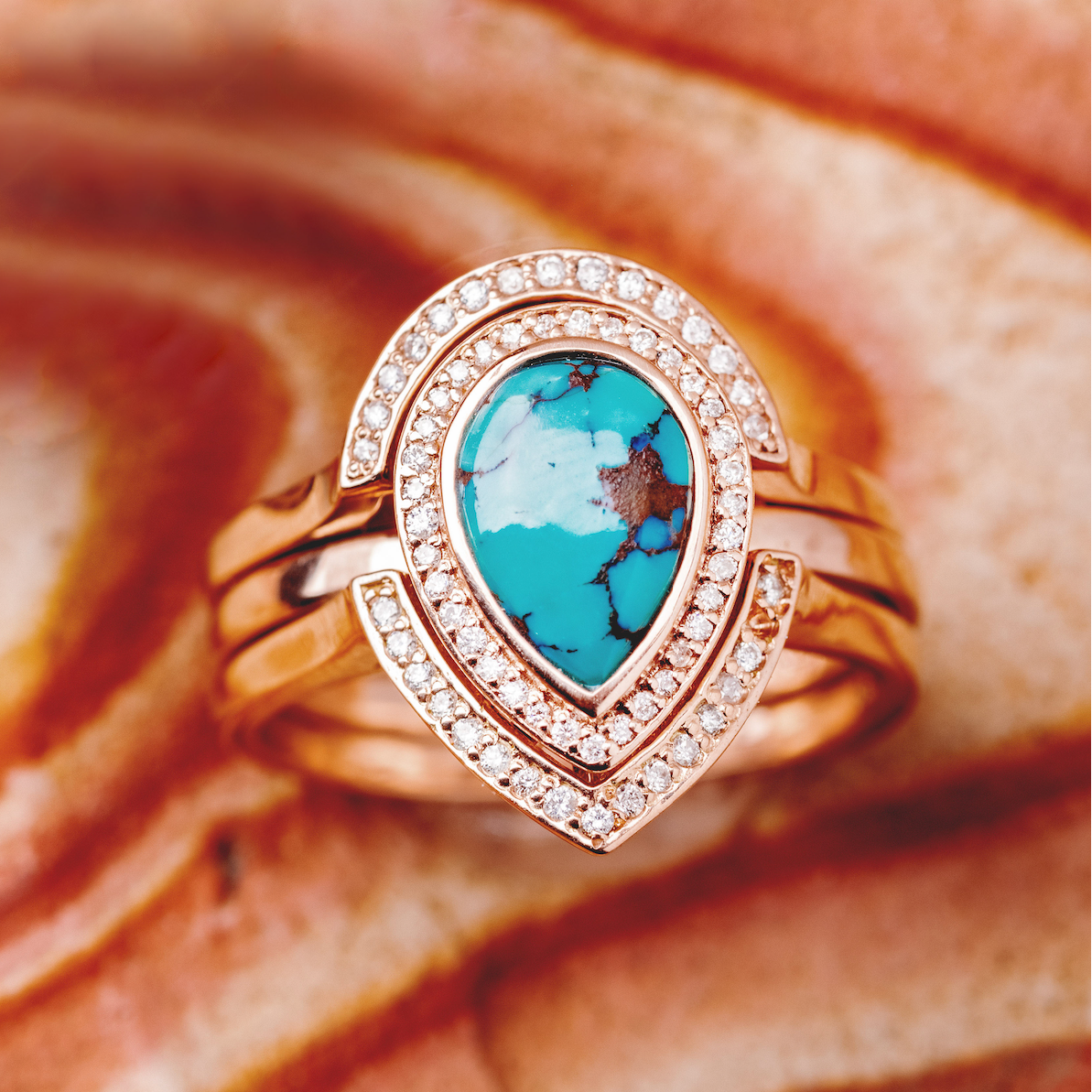 "Terra" Bridal Suite - Pear Cabochon Cut Spiny Oyster Turquoise Engagement Ring With Diamond Halo & Tracers-Staghead Designs