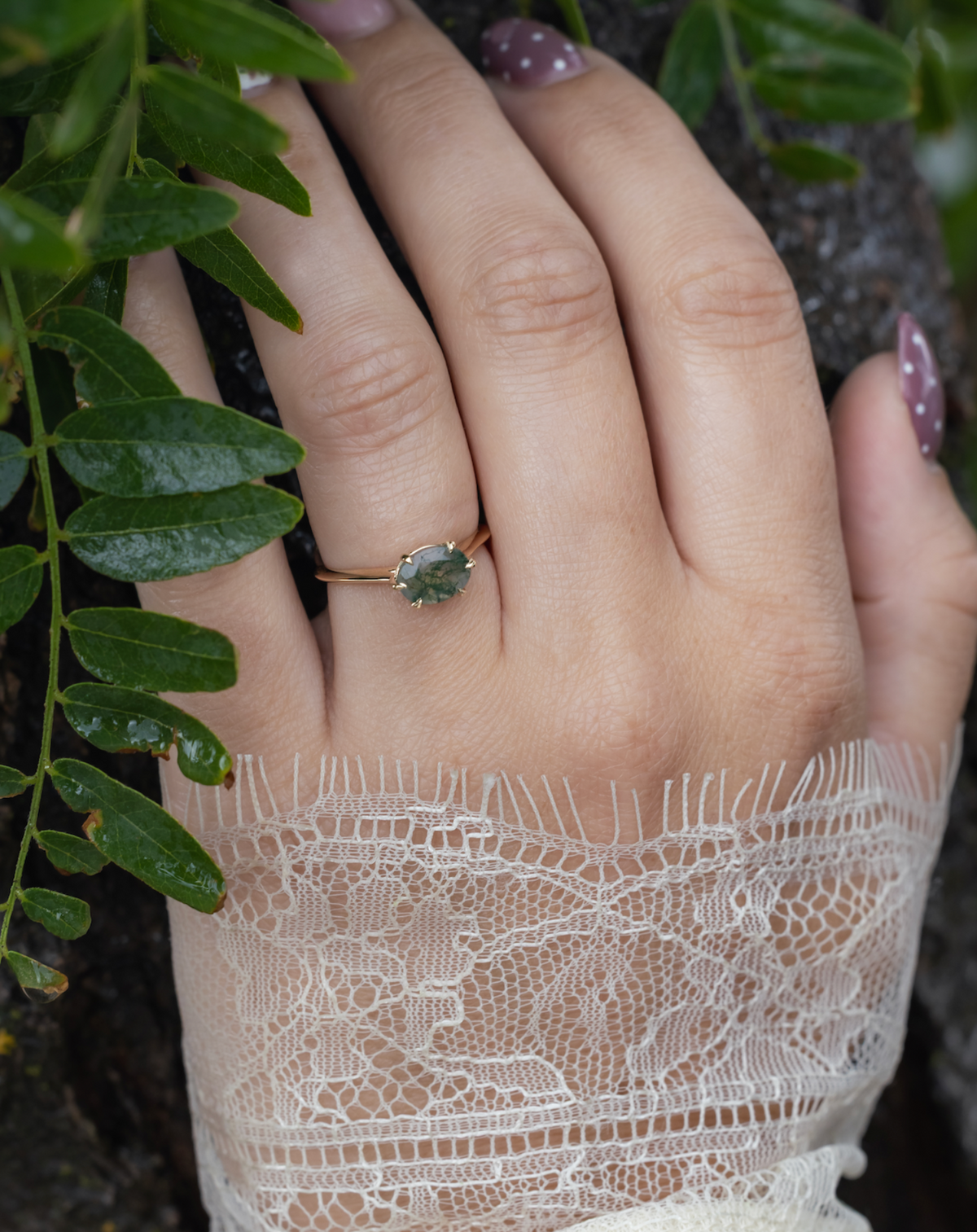 "Zuria" - Oval Cut Moss Agate Solitaire Engagement Ring With Claw Prongs-Staghead Designs