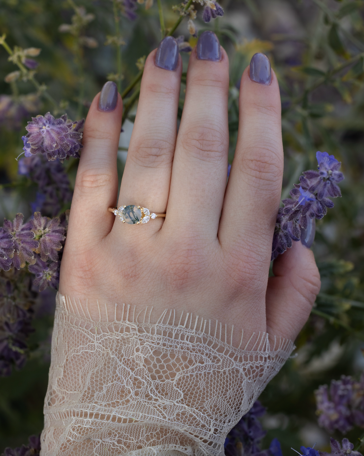 "Aife" - Celtic Knot Engagement Ring With Round Cut Moss Agate & Diamond Tracer - Ready To Ship