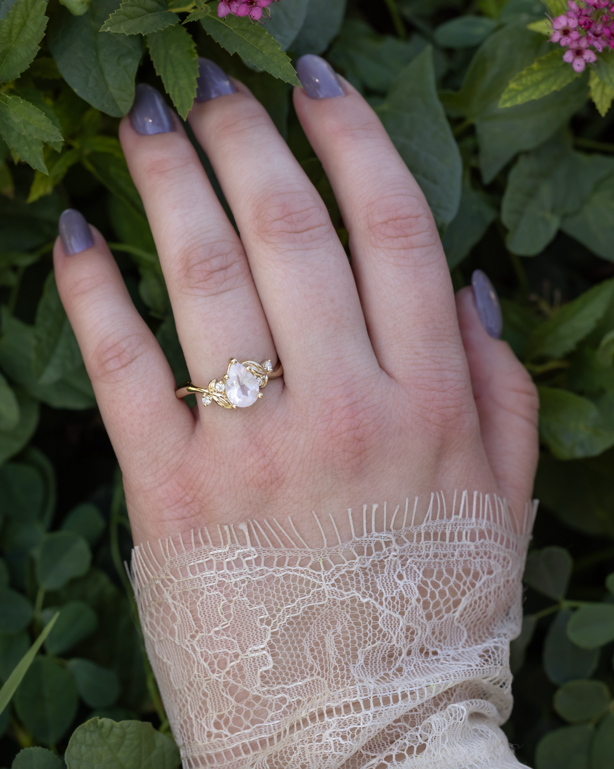 "Gladys" - Pear Cut Rose Quartz Engagement Ring With Diamond Accents On A Floral-Style Band