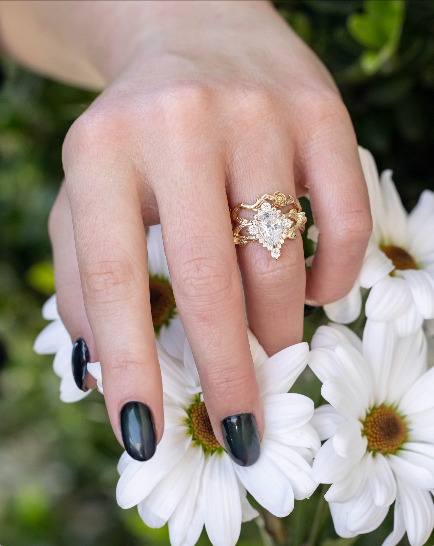 "ARTEMIS ON THE VINE DIVINE" - PEAR ENGAGEMENT RING WITH DIAMOND ACCENTS & A BRANCH-STYLE BAND-Staghead Designs