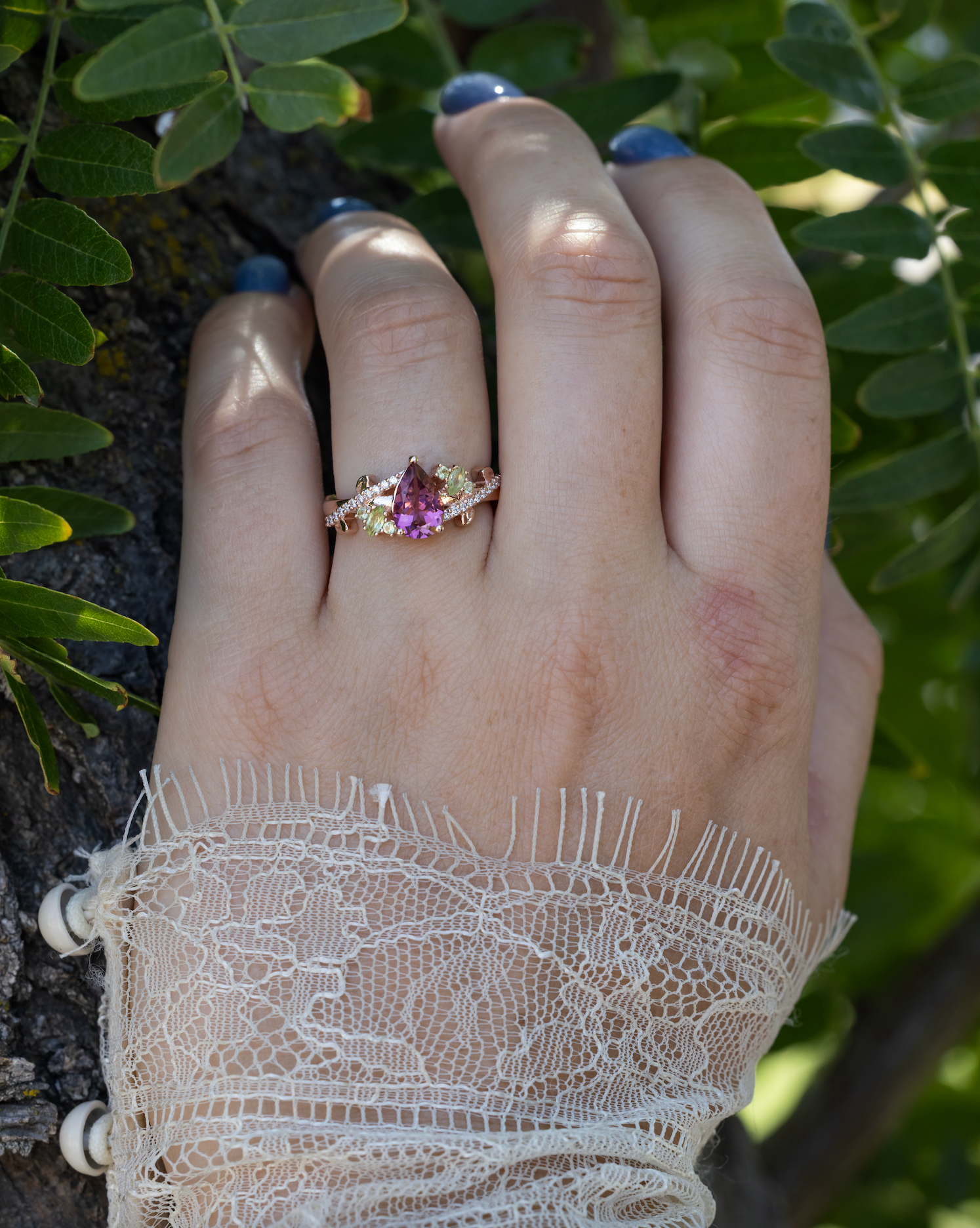"Kamila" - Pear Cut Pink Tourmaline Engagement Ring With Peridot & Diamond Accents-Staghead Designs