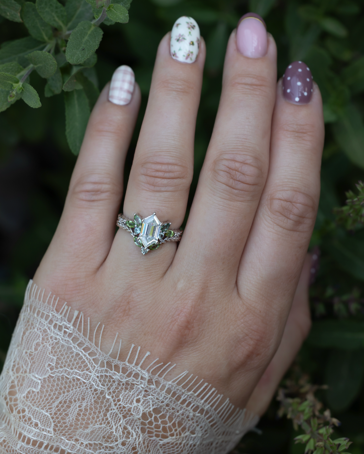 "Laurel" - Women's Wedding Ring Set With An Elongated Hexagon Moissanite Engagement Ring With Tourmaline And Montana Sapphire Accents-Staghead Designs