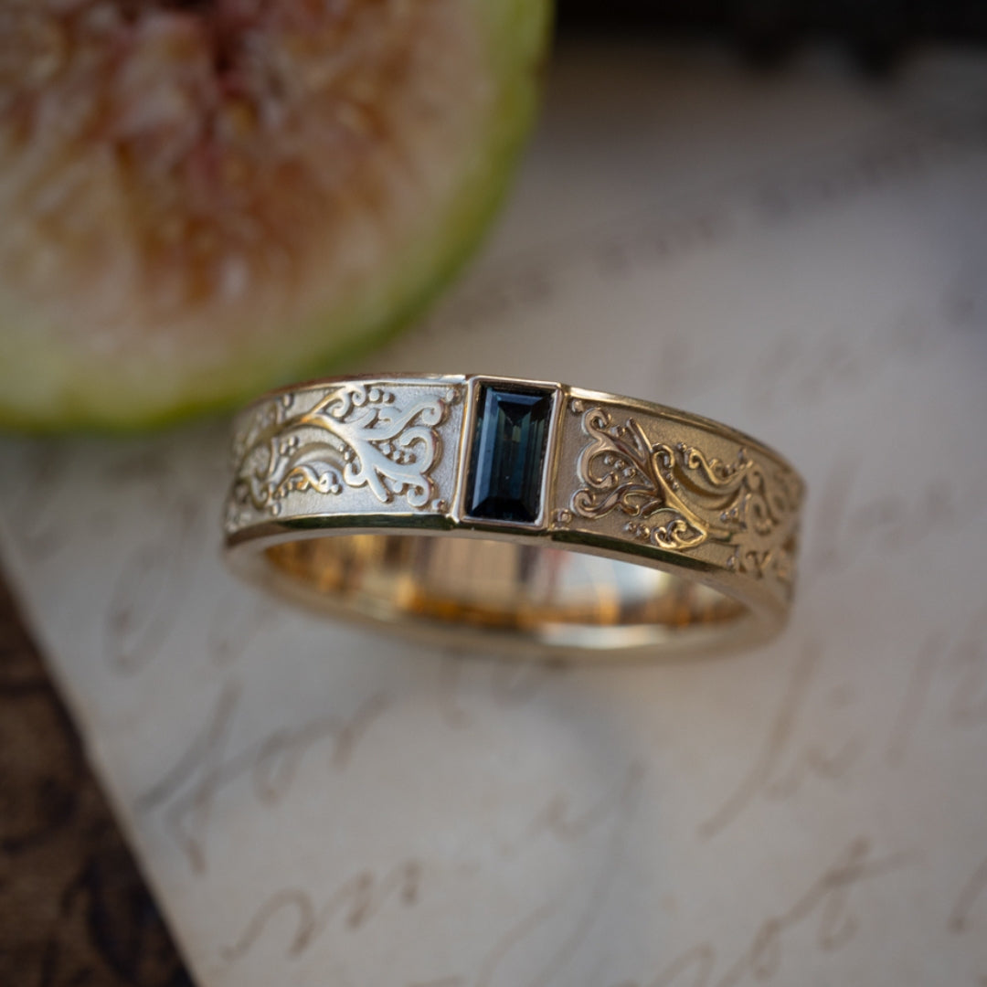 "Selene" Masculine Band - Baguette Cut Australian Sapphire Engagement Ring With Vine-Style Filigree-Staghead Designs