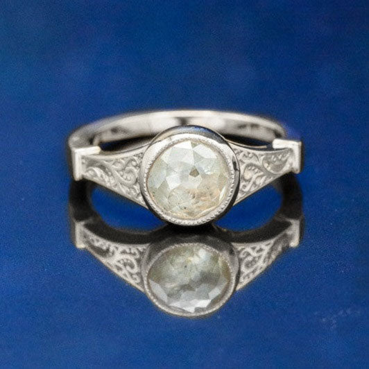 "SELENE" - ROUND CUT ENGAGEMENT RING WITH FILIGREE AND CRESCENT MOON ACCENTS-Staghead Designs