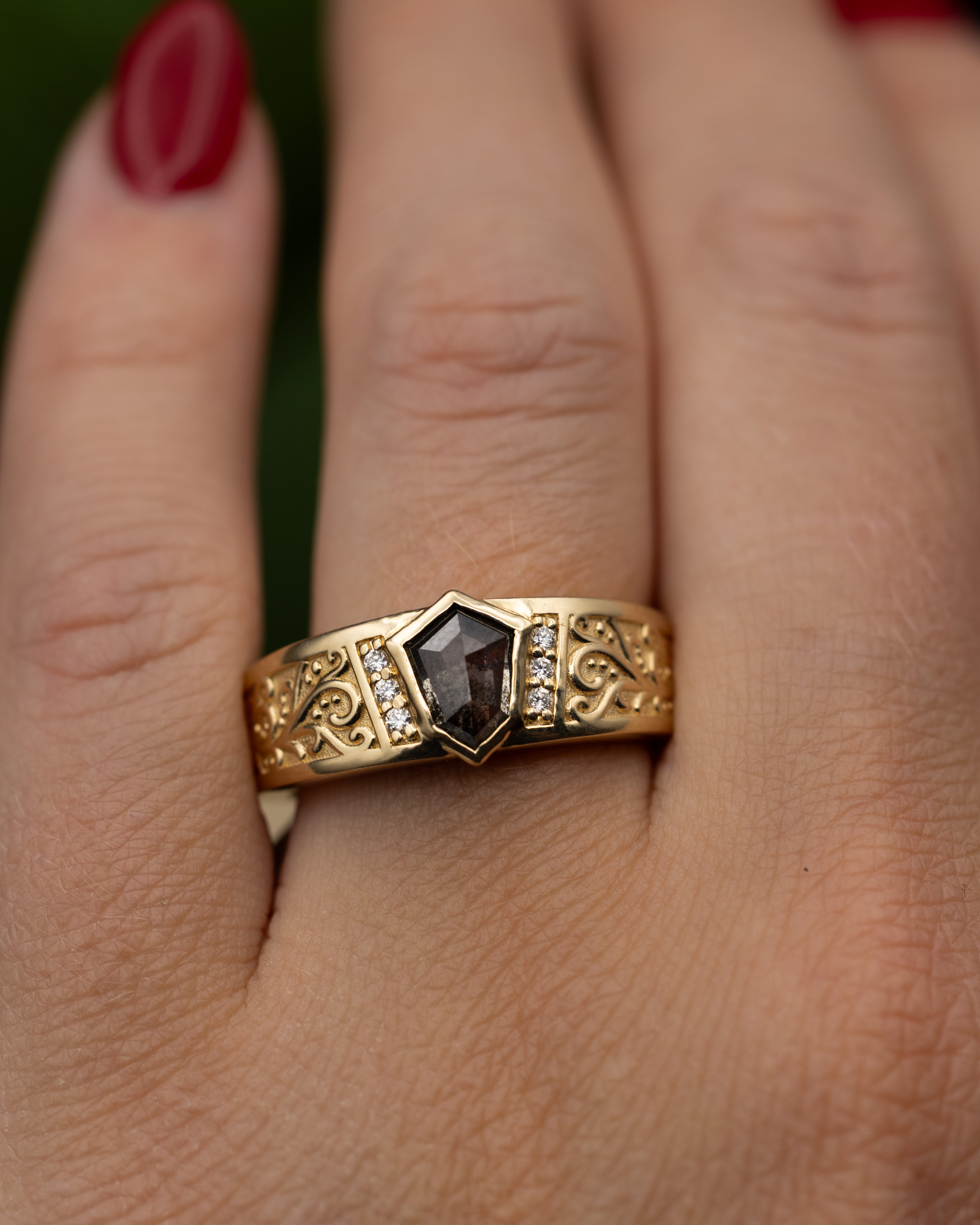 ONE-OF-A-KIND - "SELENE" BAND - SHIELD ROSE CUT SALT & PEPPER DIAMOND ENGAGEMENT RING WITH VINE-STYLE FILIGREE AND DIAMOND ACCENTS-Staghead Designs