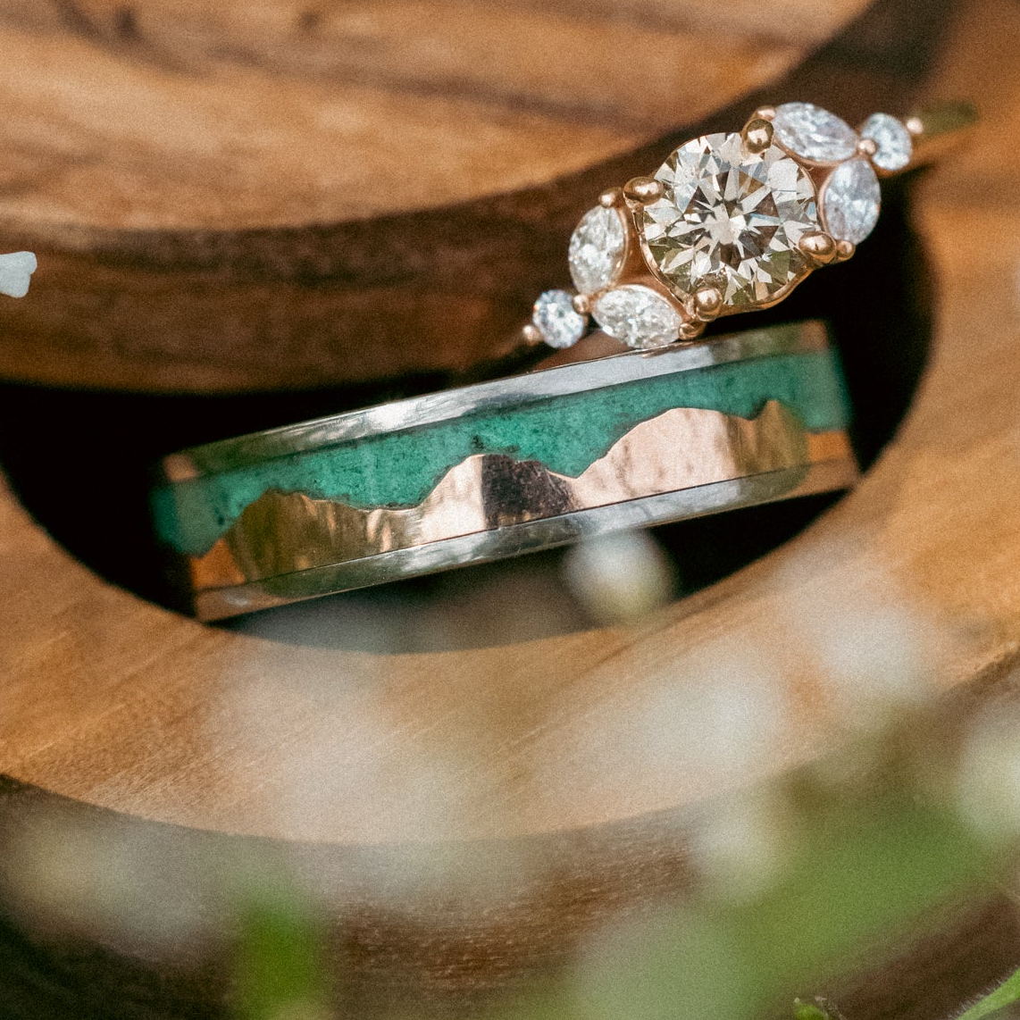 "Helios" - Malachite & 14K Gold Mountain Range Men's Wedding Band-Staghead Designs