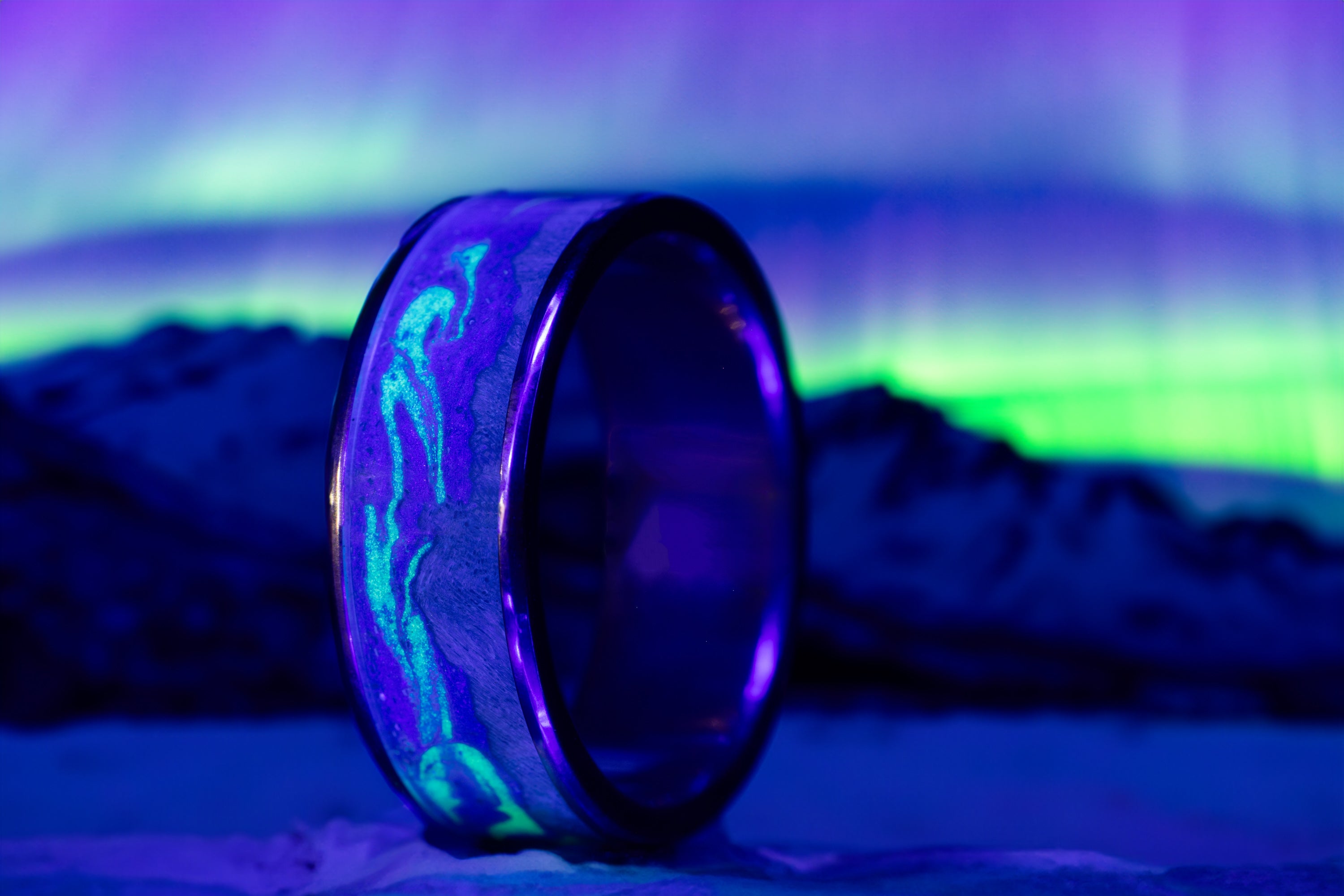 "BOREALIS" - MOUNTAIN ENGRAVED WEDDING RING WITH DARK MAPLE WOOD & GLOW IN THE DARK NORTHERN LIGHTS-Staghead Designs