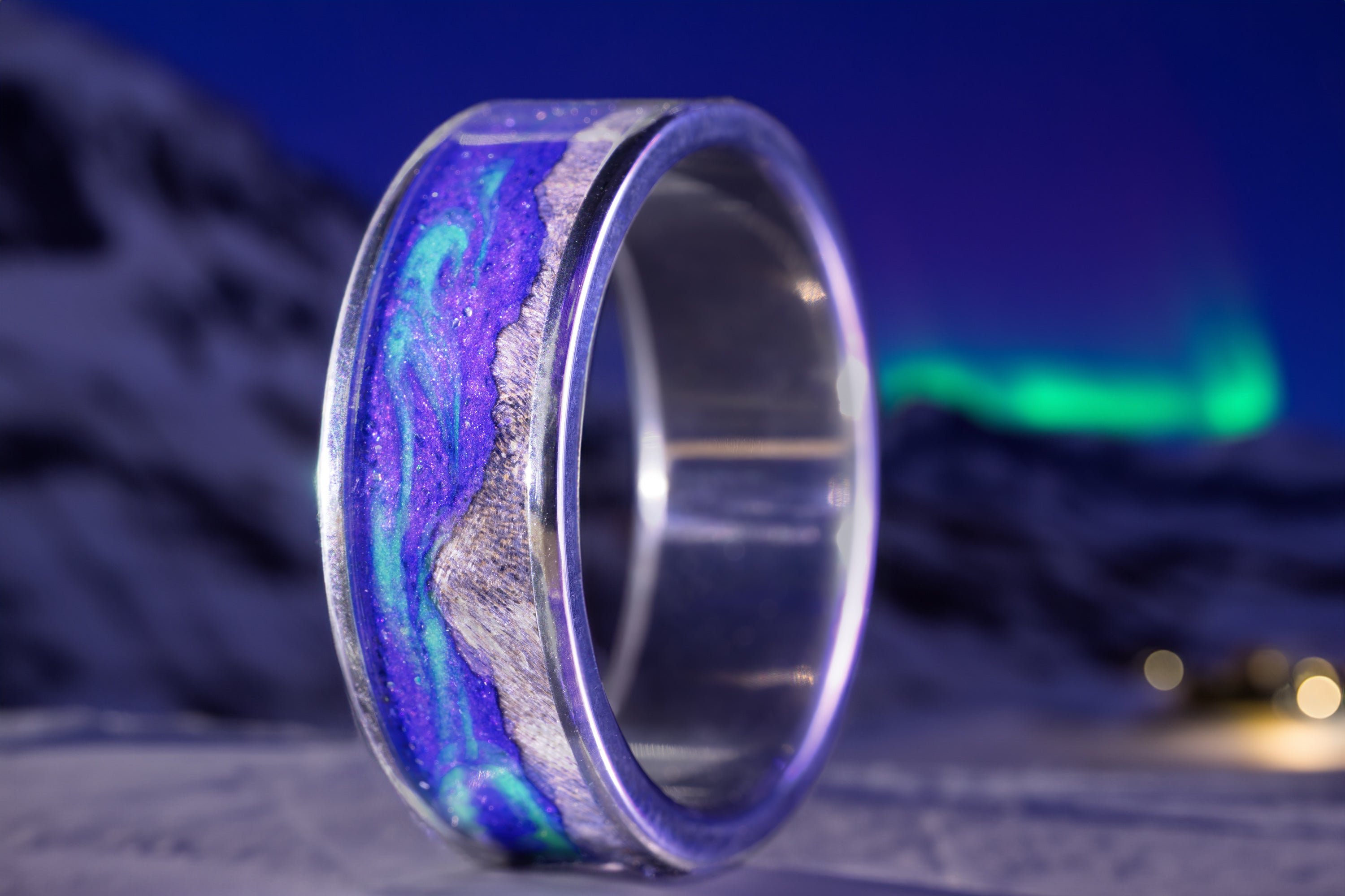 "BOREALIS" - MOUNTAIN ENGRAVED WEDDING RING WITH DARK MAPLE WOOD & GLOW IN THE DARK NORTHERN LIGHTS-Staghead Designs