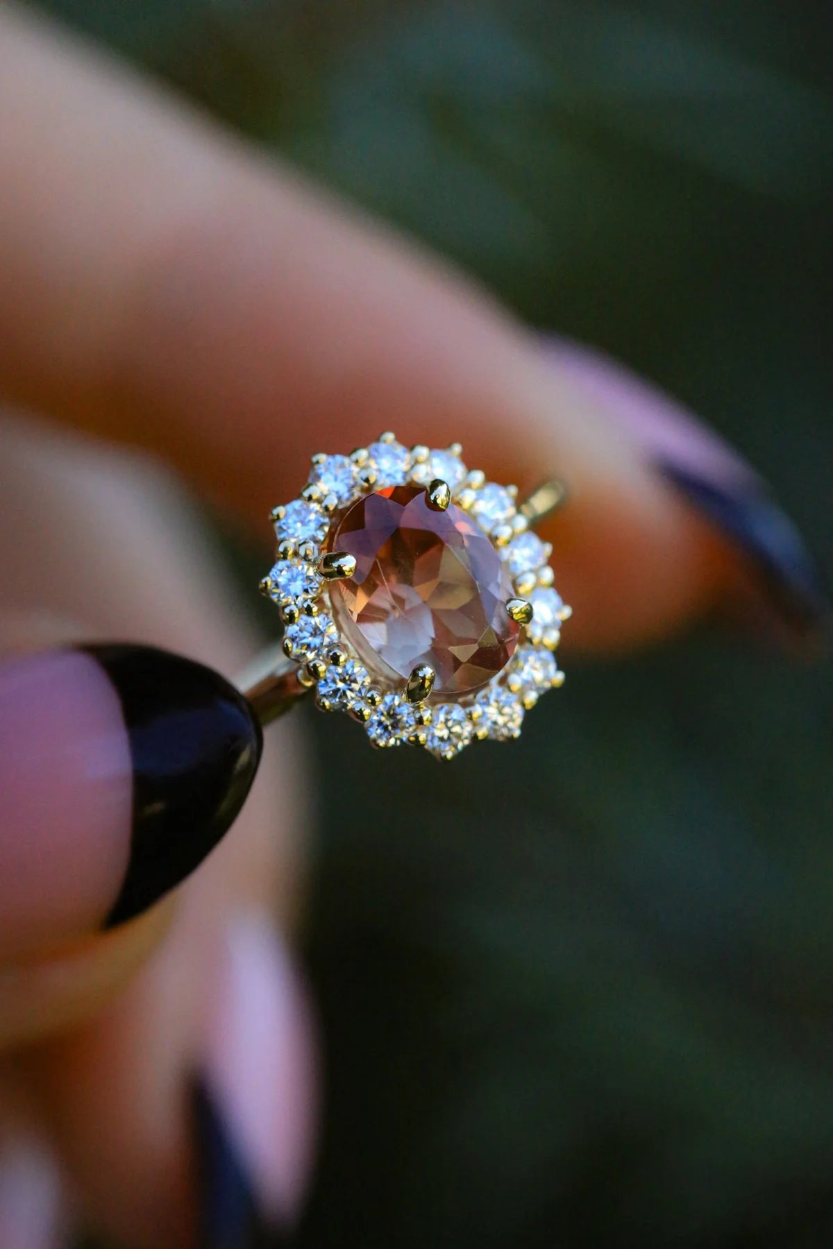 "Malina" - Oval Cut Oregon Sunstone Engagement Ring With Diamond Halo - 14K Yellow Gold - Size 6