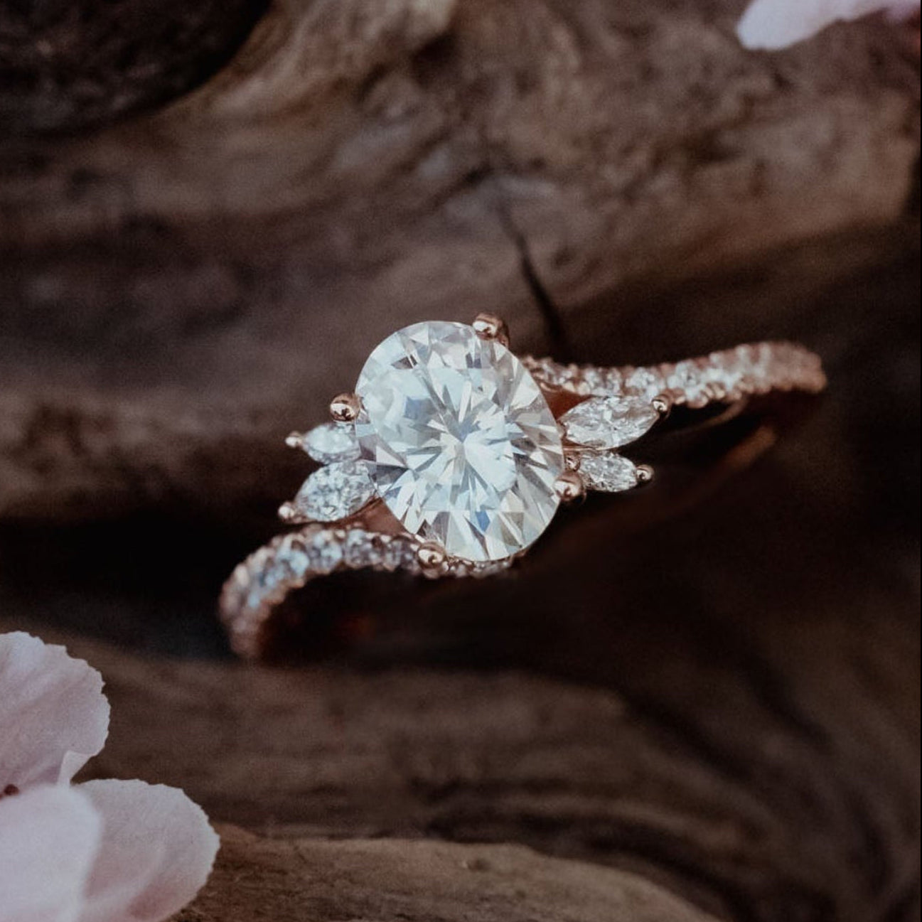 "Swan" - Oval Cut Moissanite Engagement Ring With Diamond Accents-Staghead Designs