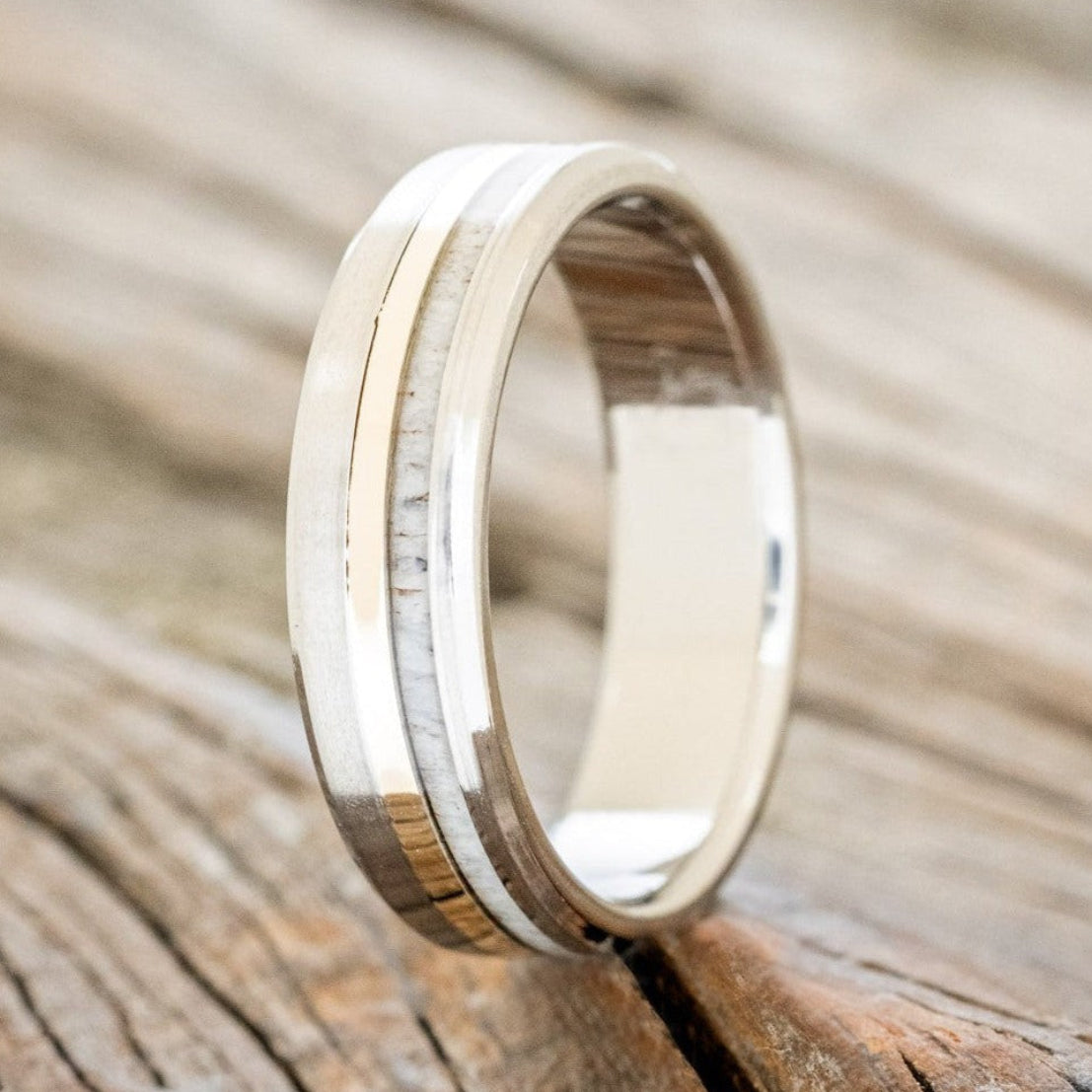 "TANNER" - ANTLER & 14K GOLD INLAY WEDDING BAND WITH A BRUSHED FINISH-1