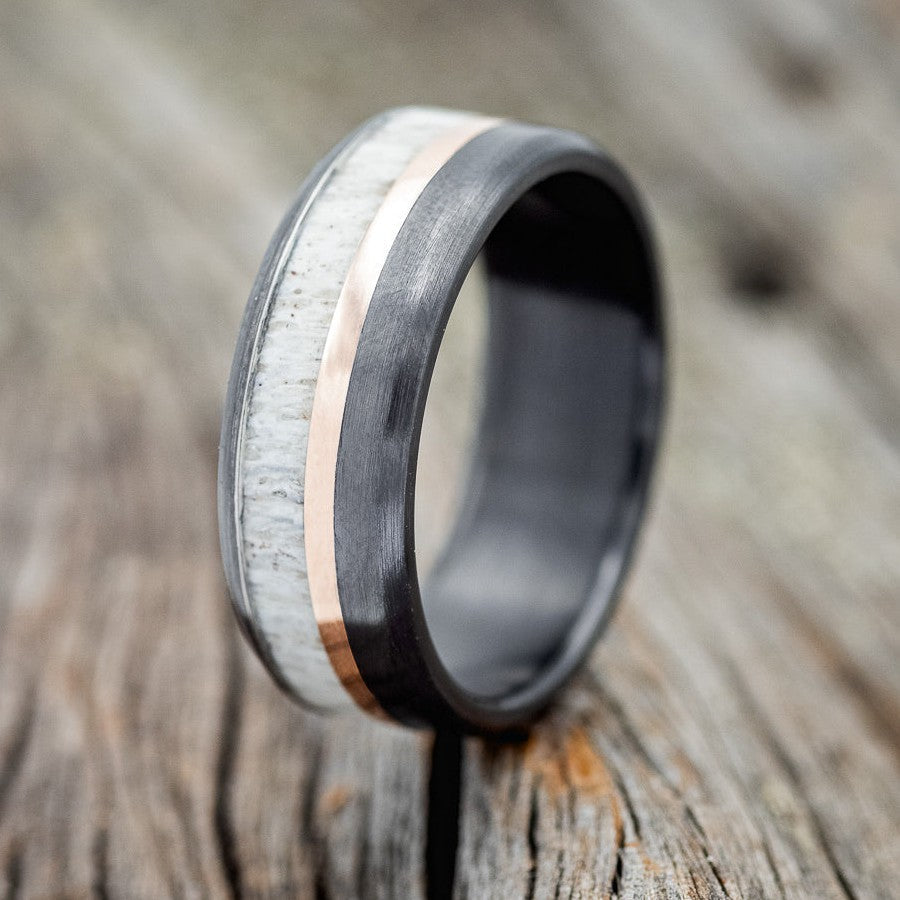 "TANNER" - ANTLER & 14K GOLD INLAY WEDDING RING FEATURING A BRUSHED BLACK ZIRCONIUM BAND-1