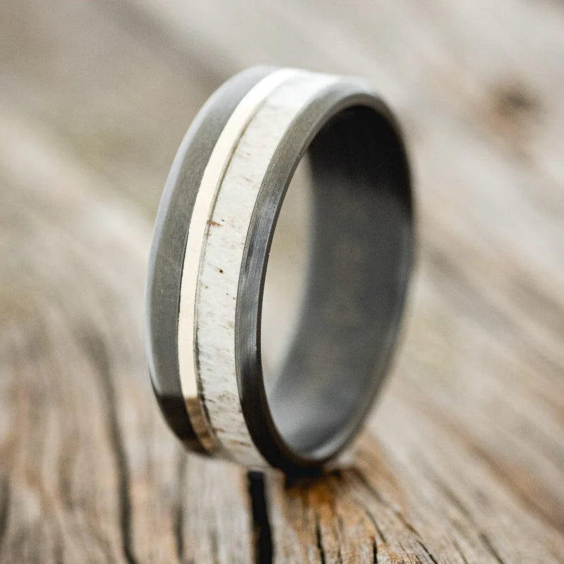 "Tanner" - Antler & 14K White Gold Inlay Wedding Ring - Black Zirconium (8mm) - Size 10 3/4
