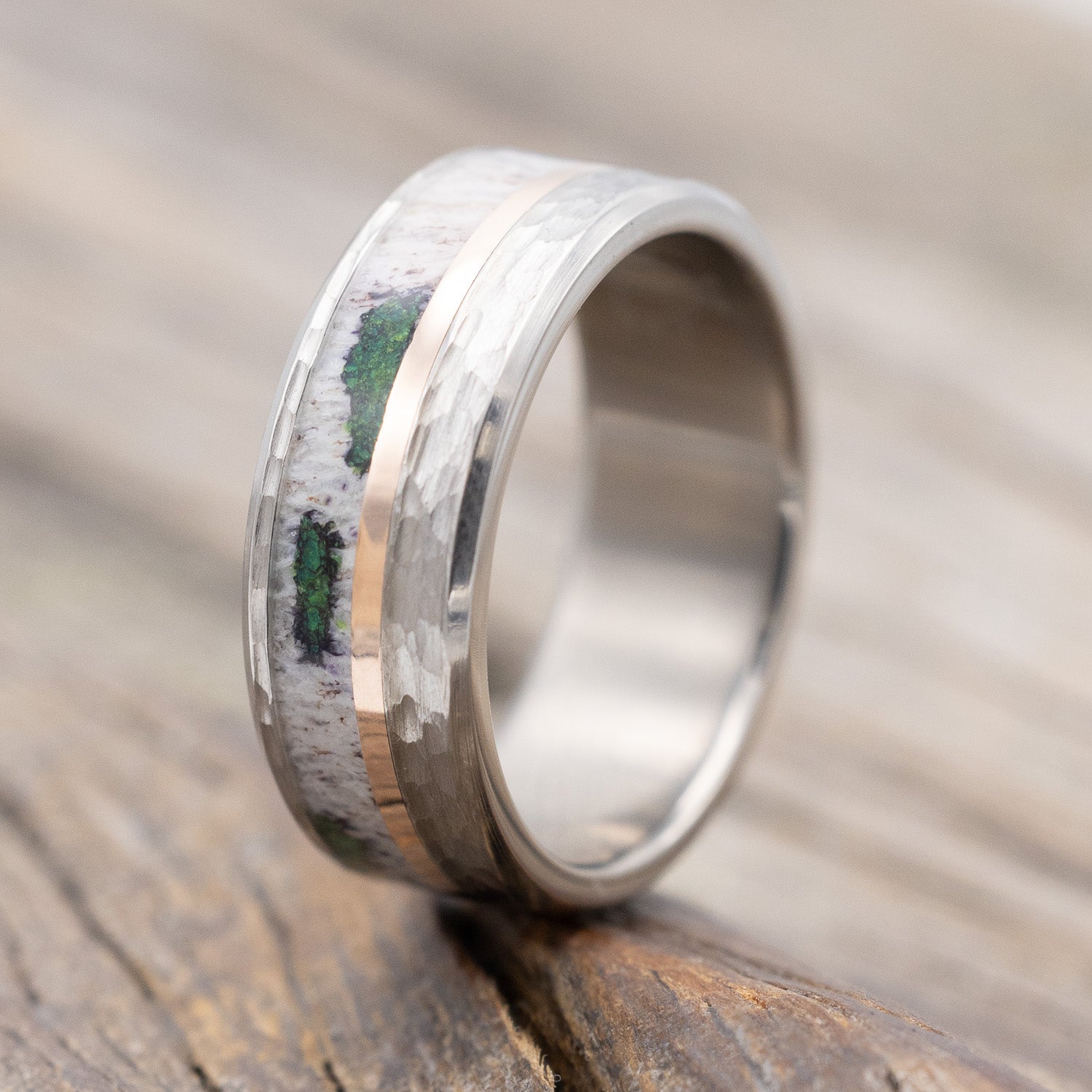 "TANNER" - ANTLER, MOSS & 14K GOLD INLAY WEDDING RING IN A HAMMERED FINISH-Staghead Designs