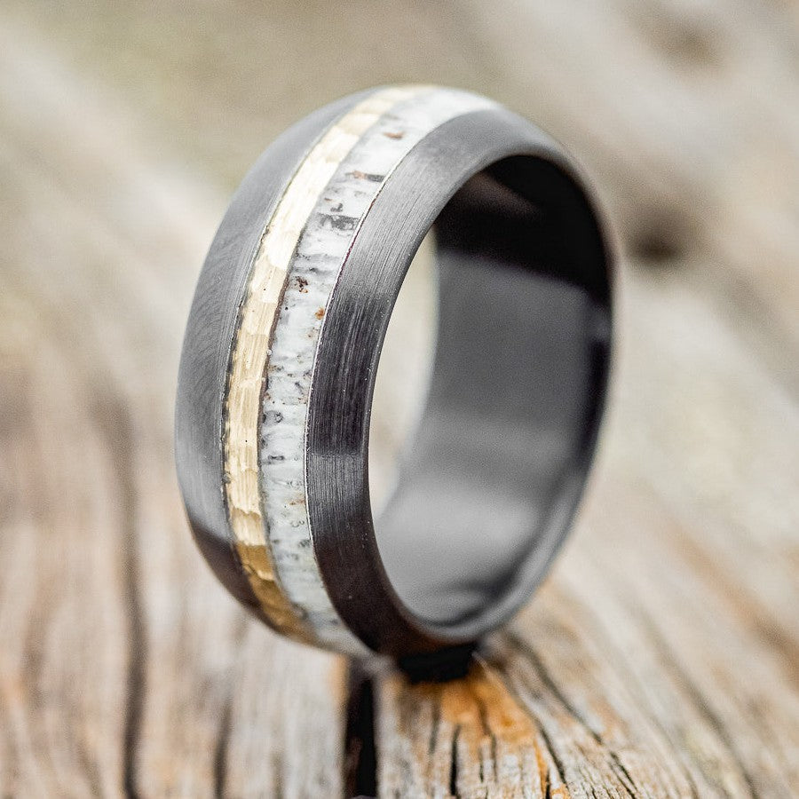 "TANNER" - DOMED ANTLER WEDDING RING FEATURING A HAMMERED 14K GOLD INLAY WITH A BRUSHED FINISH-1
