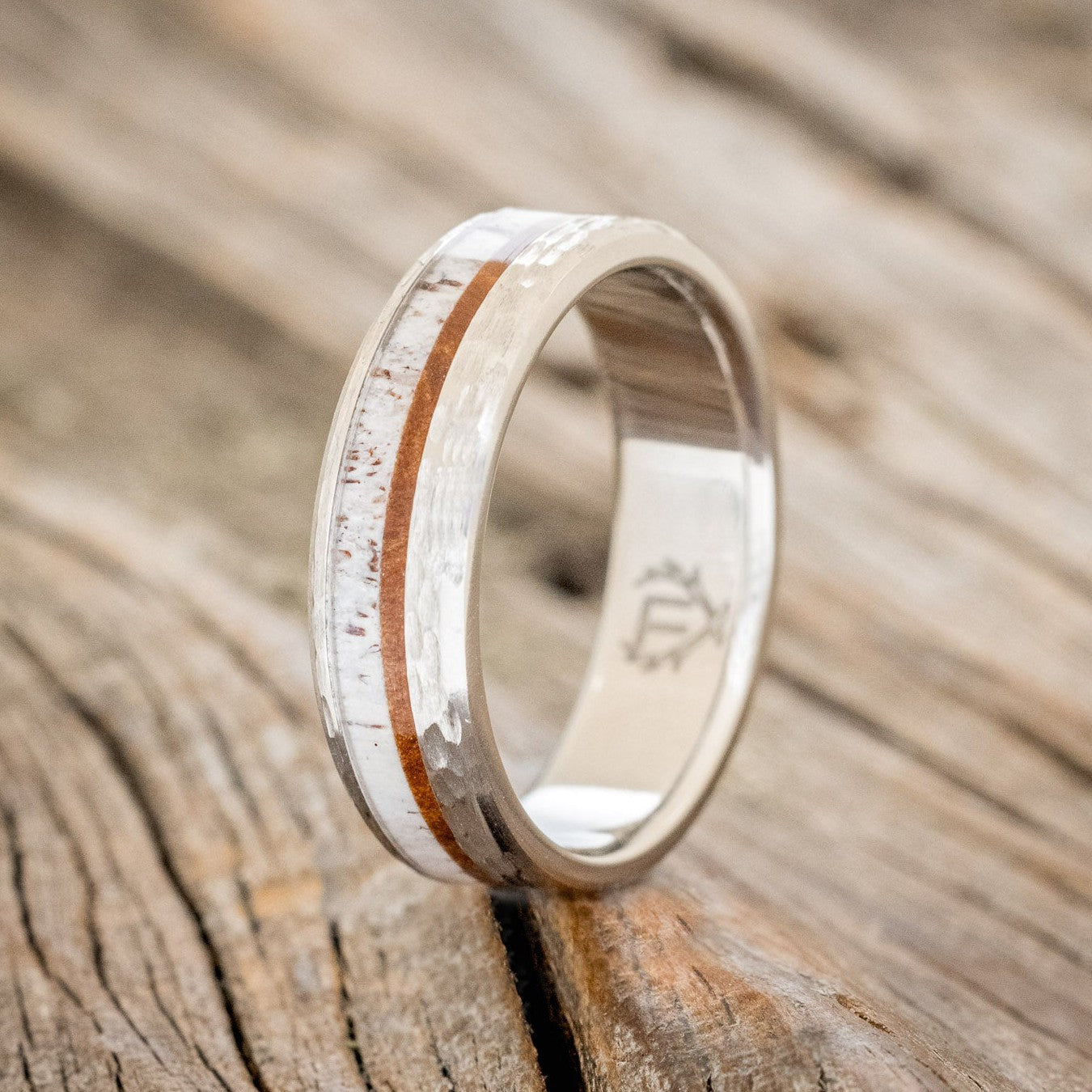 "TANNER" - REDWOOD & ANTLER WEDDING BAND WITH A HAMMERED FINISH-1