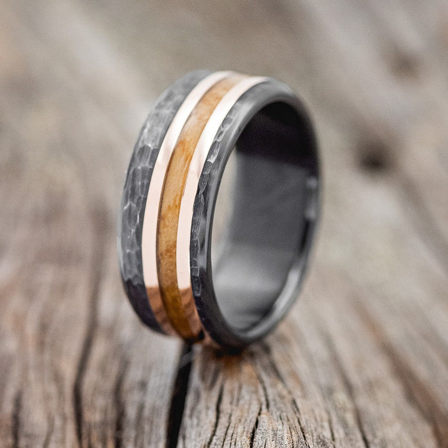"TANNER" - WHISKEY BARREL OAK & 14K GOLD INLAYS WEDDING RING-1