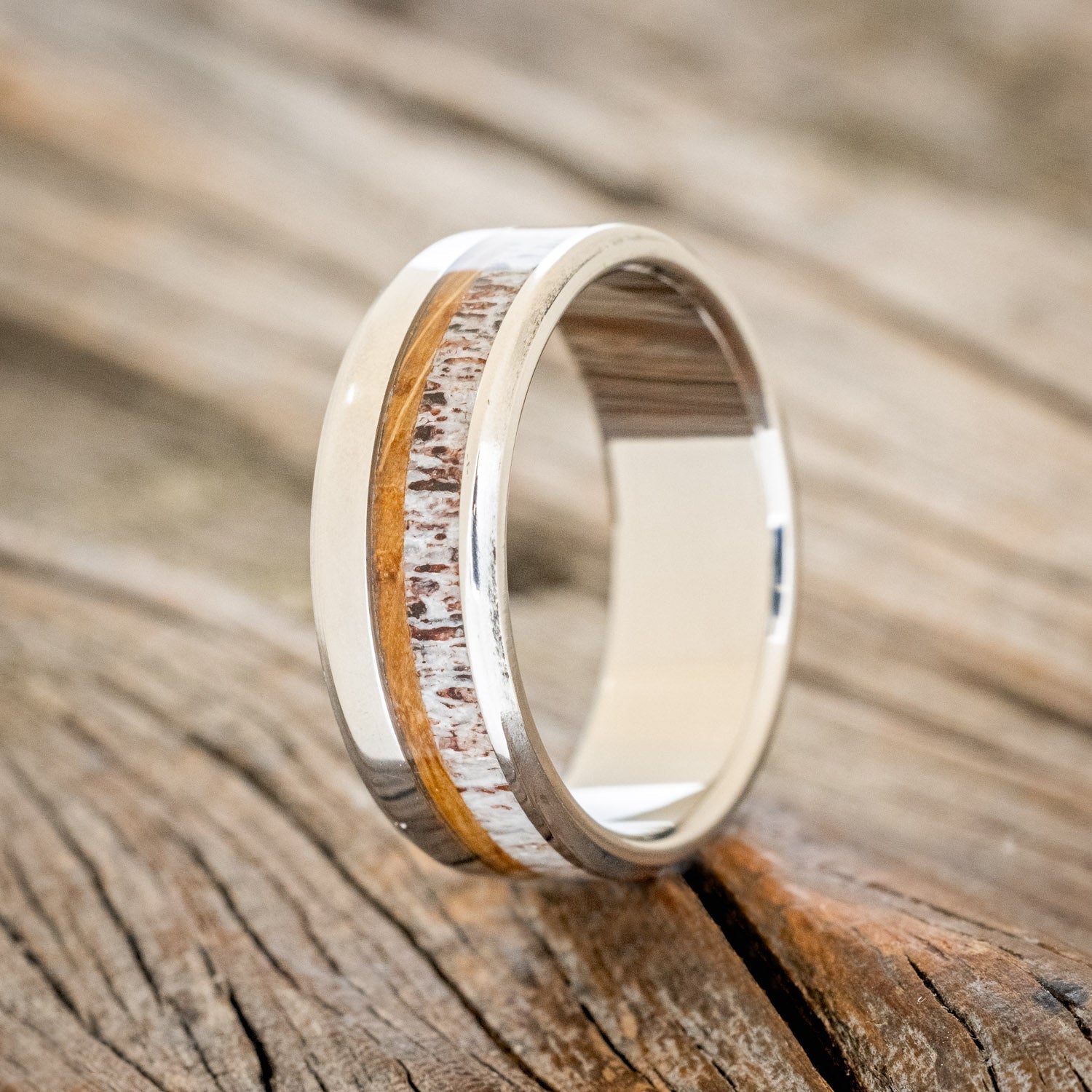 "TANNER" - WHISKEY BARREL OAK & ANTLER WEDDING RING - READY TO SHIP-1