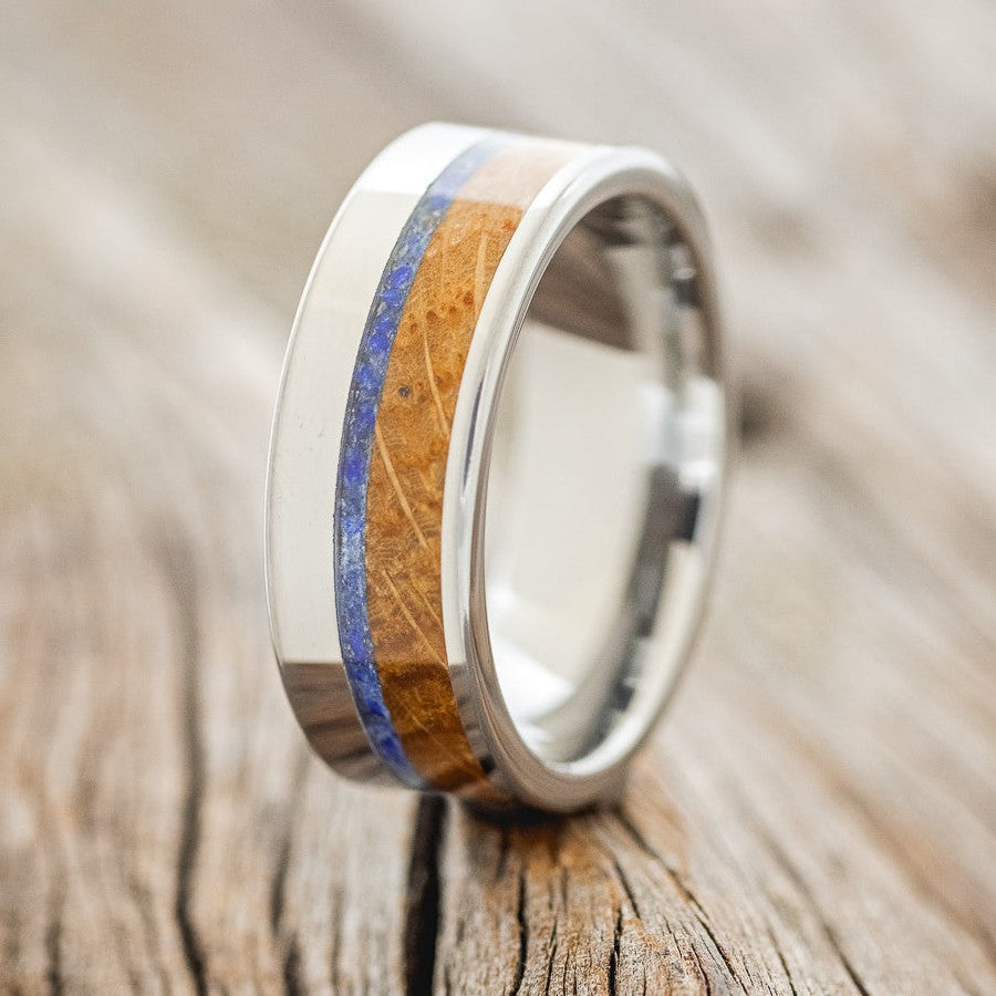 "TANNER" - WHISKEY BARREL OAK & LAPIS LAZULI WEDDING RING-1