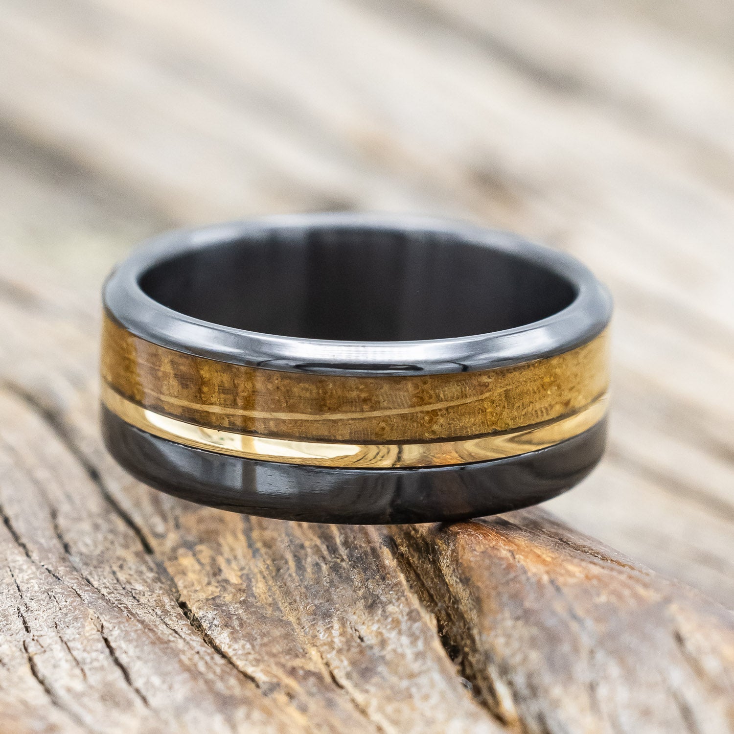 "TANNER" - WHISKEY BARREL & 14K GOLD INLAY WEDDING RING-Staghead Designs