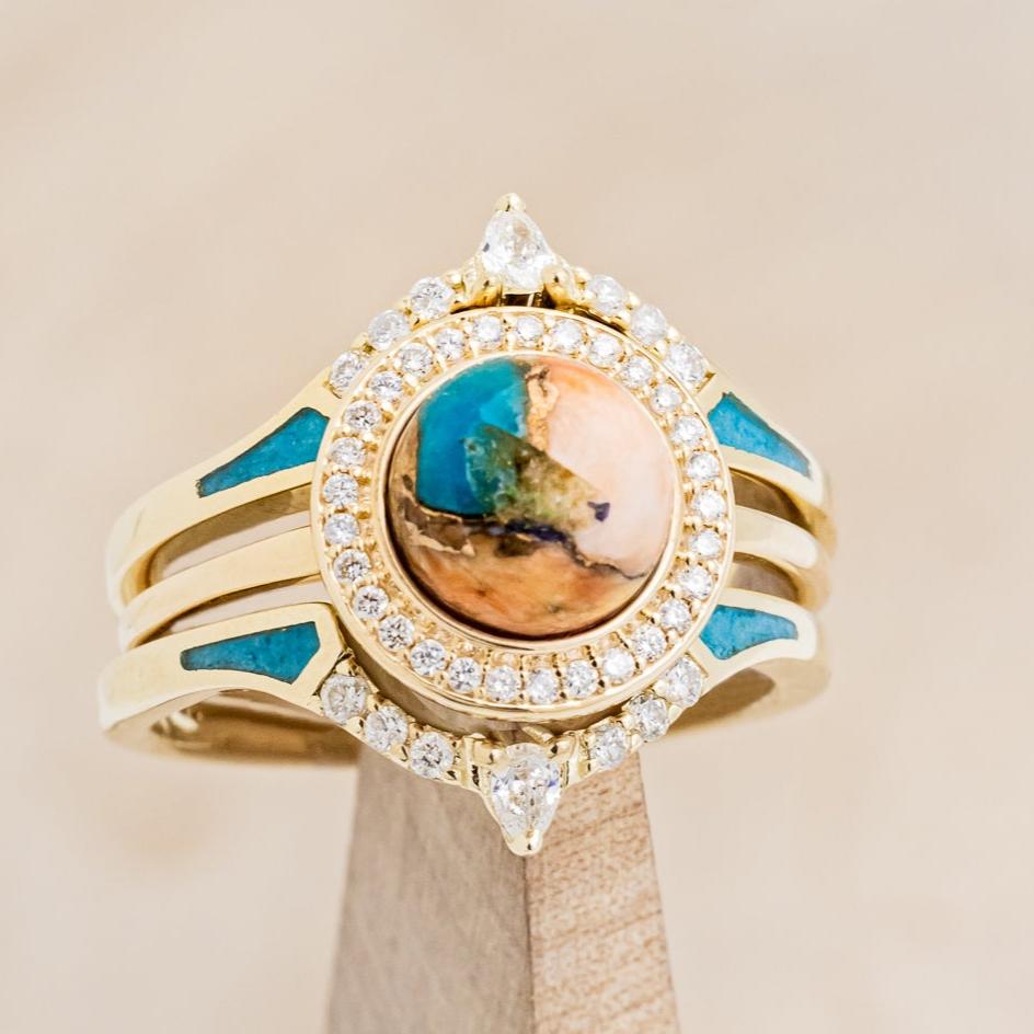 "TERRA" - BRIDAL SUITE - ROUND CUT SPINY OYSTER TURQUOISE ENGAGEMENT RING WITH DIAMOND HALO & TRACER-1