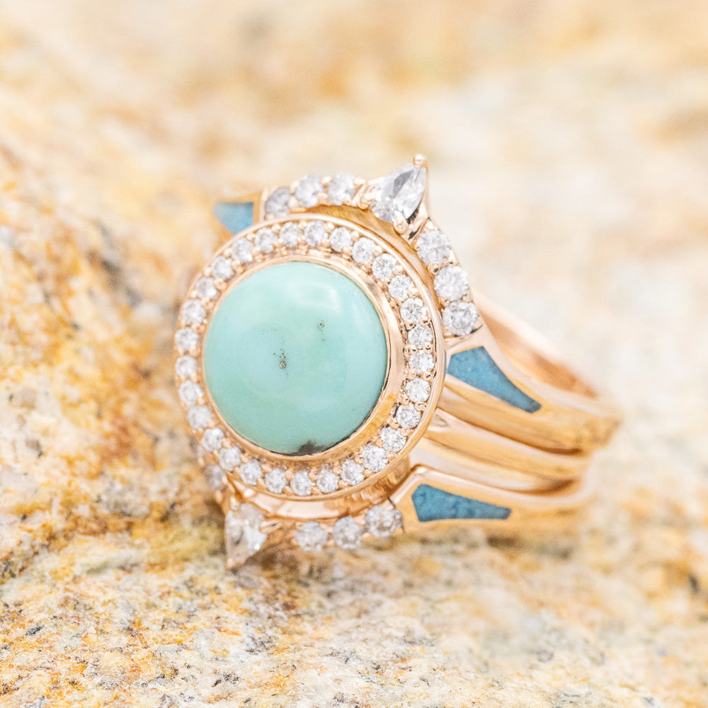 "TERRA" - BRIDAL SUITE - ROUND CUT TURQUOISE ENGAGEMENT RING WITH DIAMOND HALO & TRACERS-1