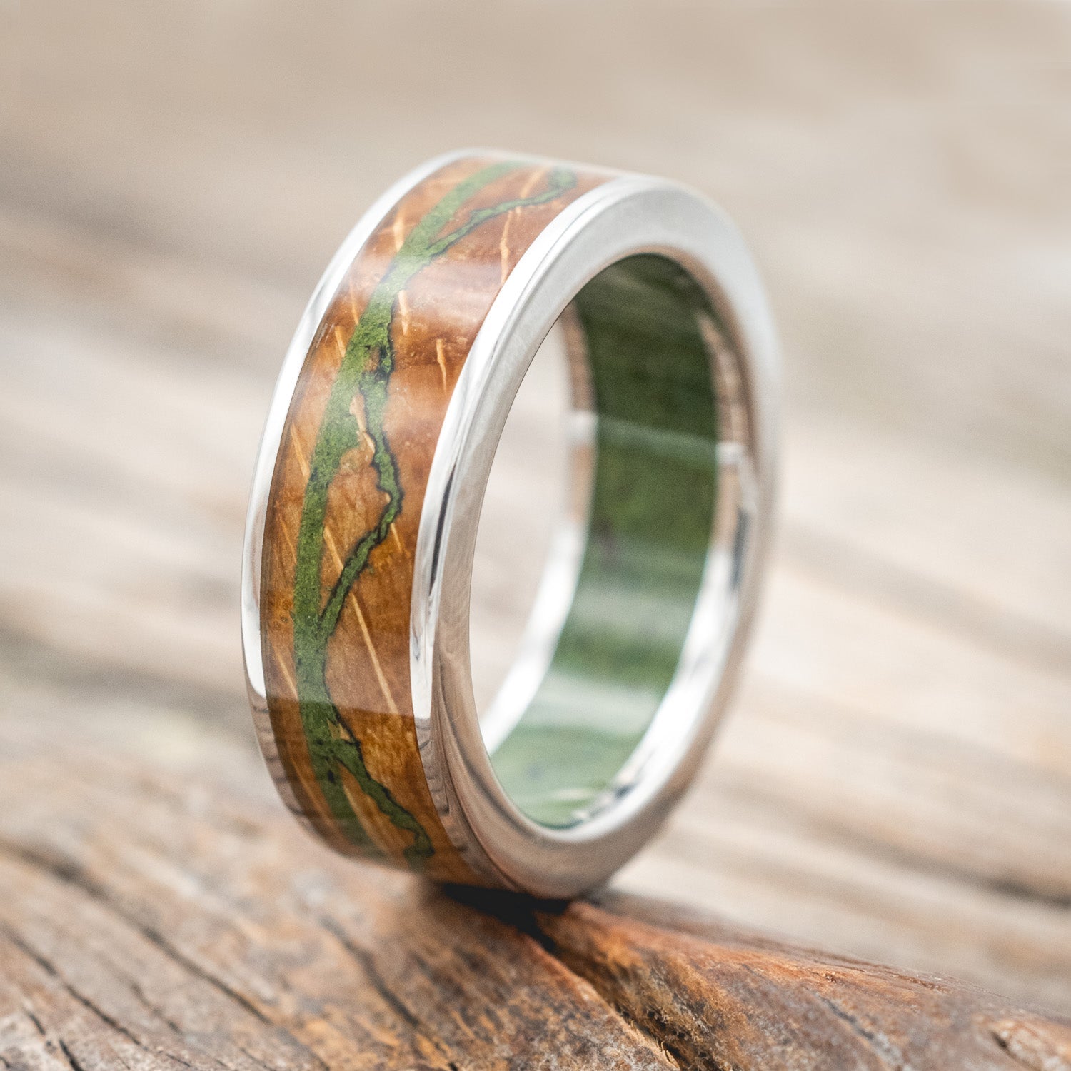 "THE EXPEDITION" - MOUNTAIN ENGRAVED WEDDING RING WITH WHISKEY BARREL & MOSS INLAYS & LINING WEDDING RING-Staghead Designs