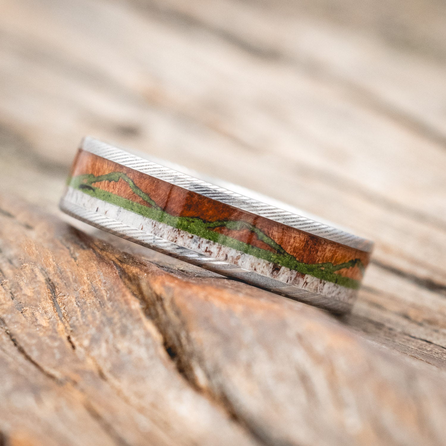 "THE EXPEDITION" - MOUNTAIN ENGRAVED WEDDING RING WITH REDWOOD, MOSS & ANTLER-Staghead Designs