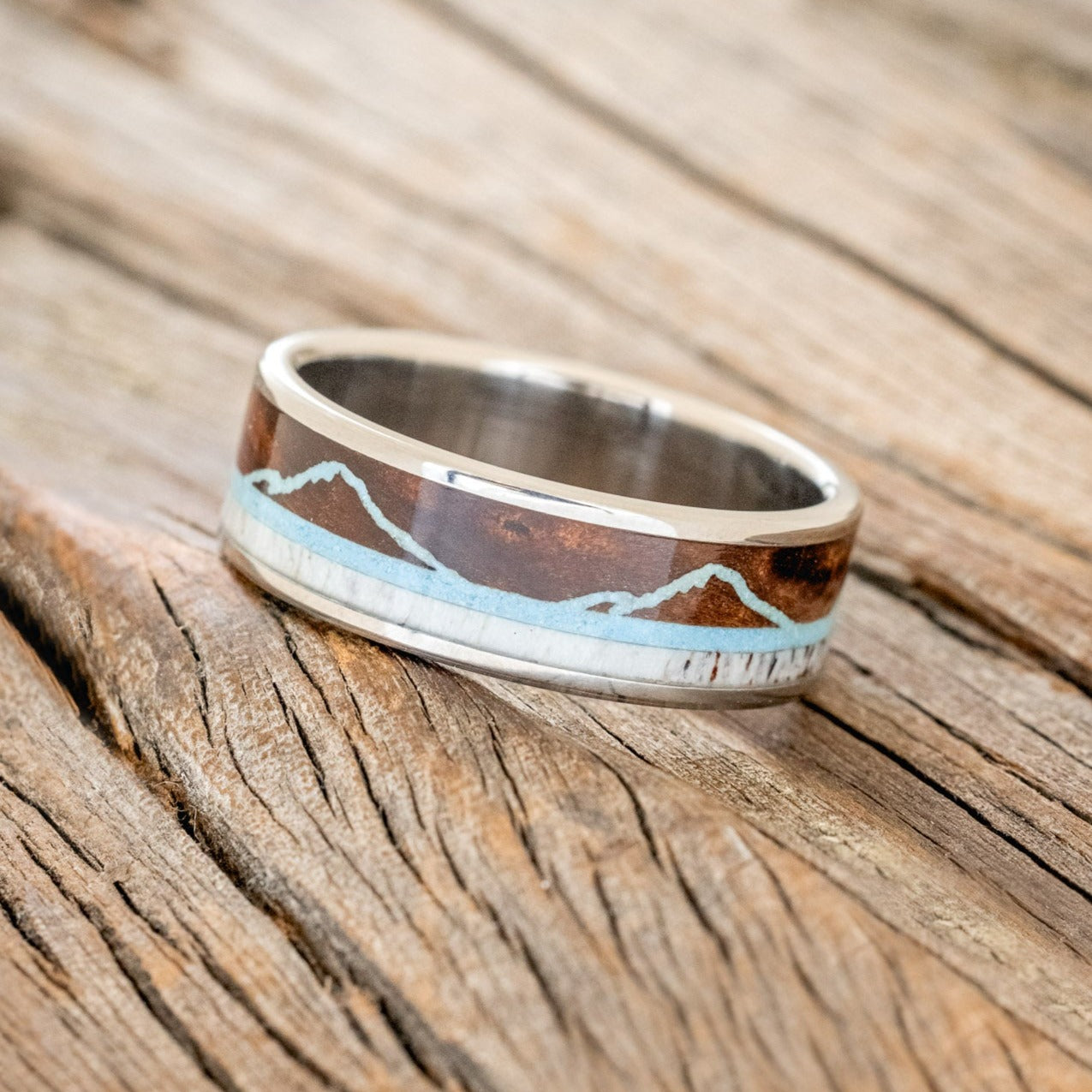 "THE EXPEDITION" - MOUNTAIN ENGRAVED WEDDING RING WITH REDWOOD, TURQUOISE & ANTLER-1