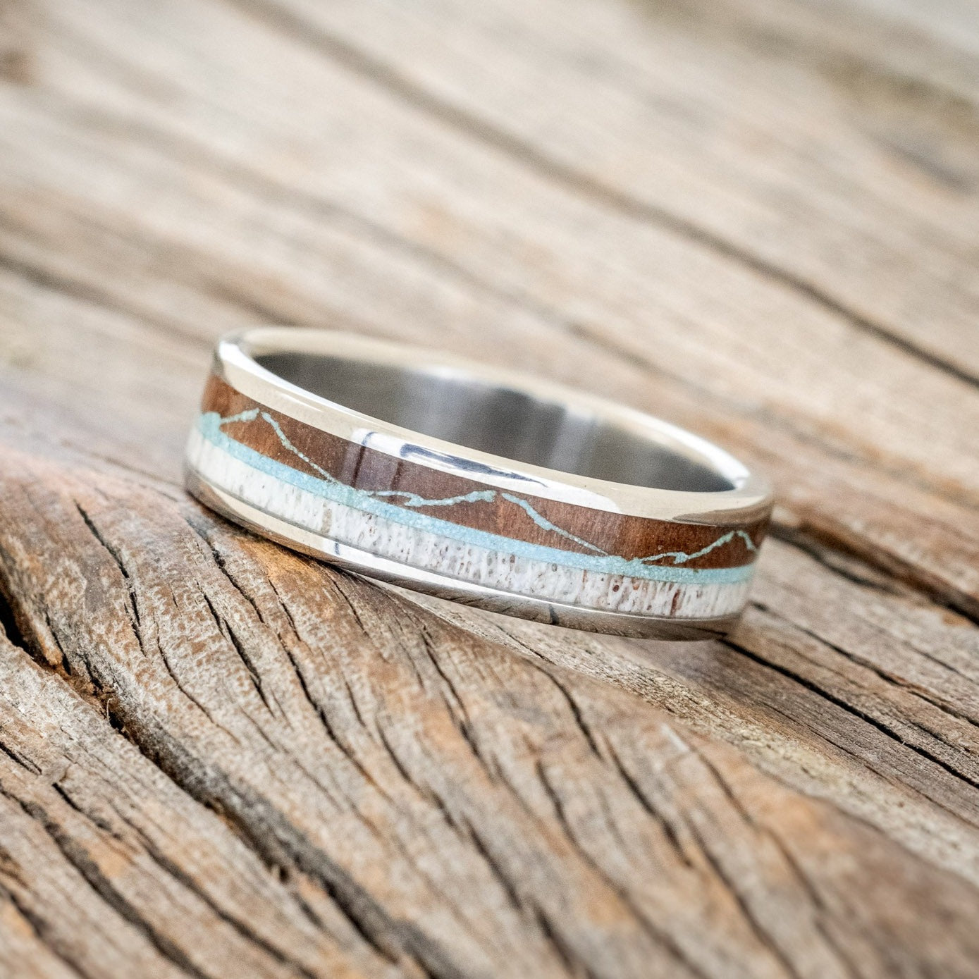 "THE EXPEDITION" - MOUNTAIN ENGRAVED WEDDING RING WITH REDWOOD, TURQUOISE & ANTLER-1
