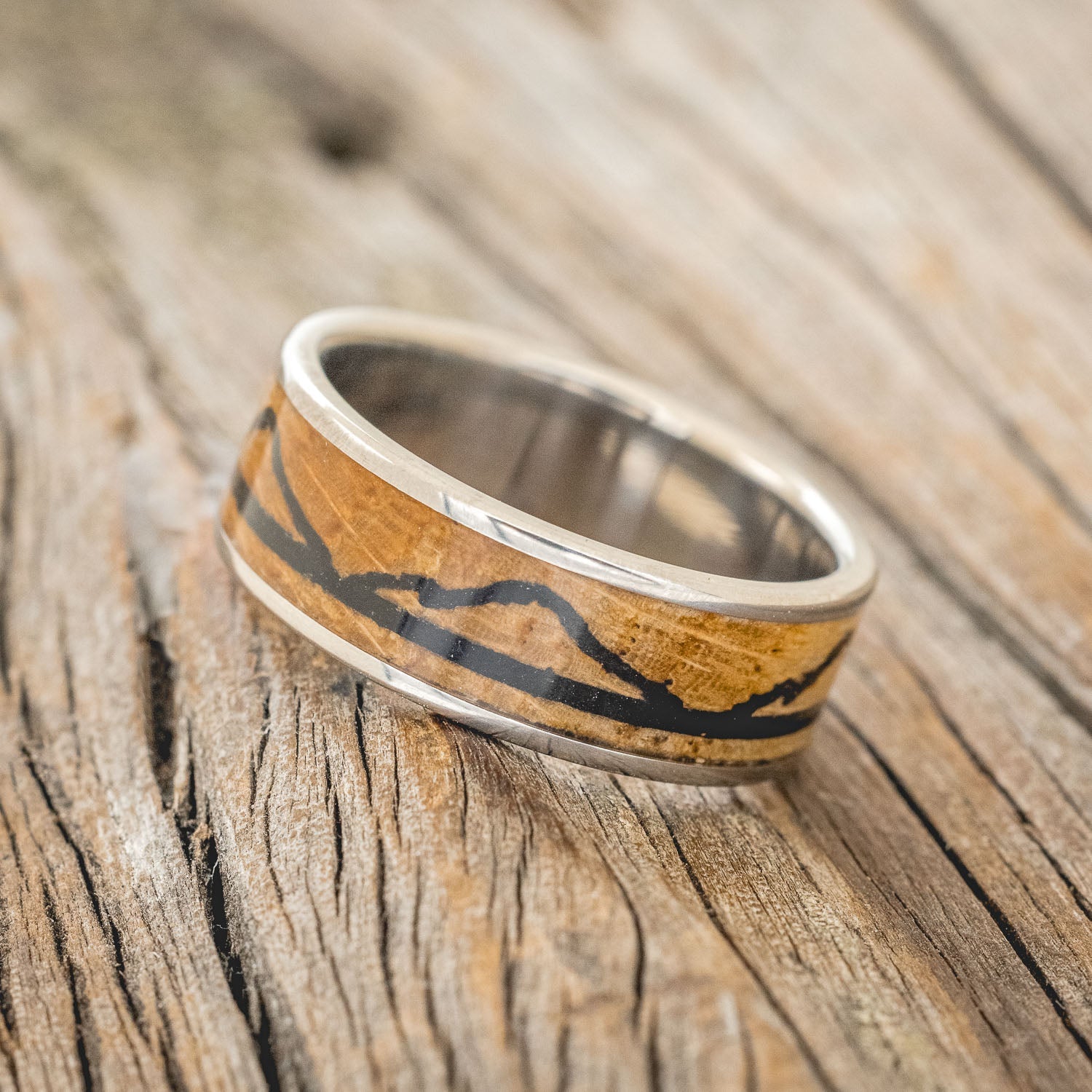 "THE EXPEDITION" - MOUNTAIN ENGRAVED WEDDING RING WITH WHISKEY BARREL OAK & CHARRED WHISKEY BARREL-1