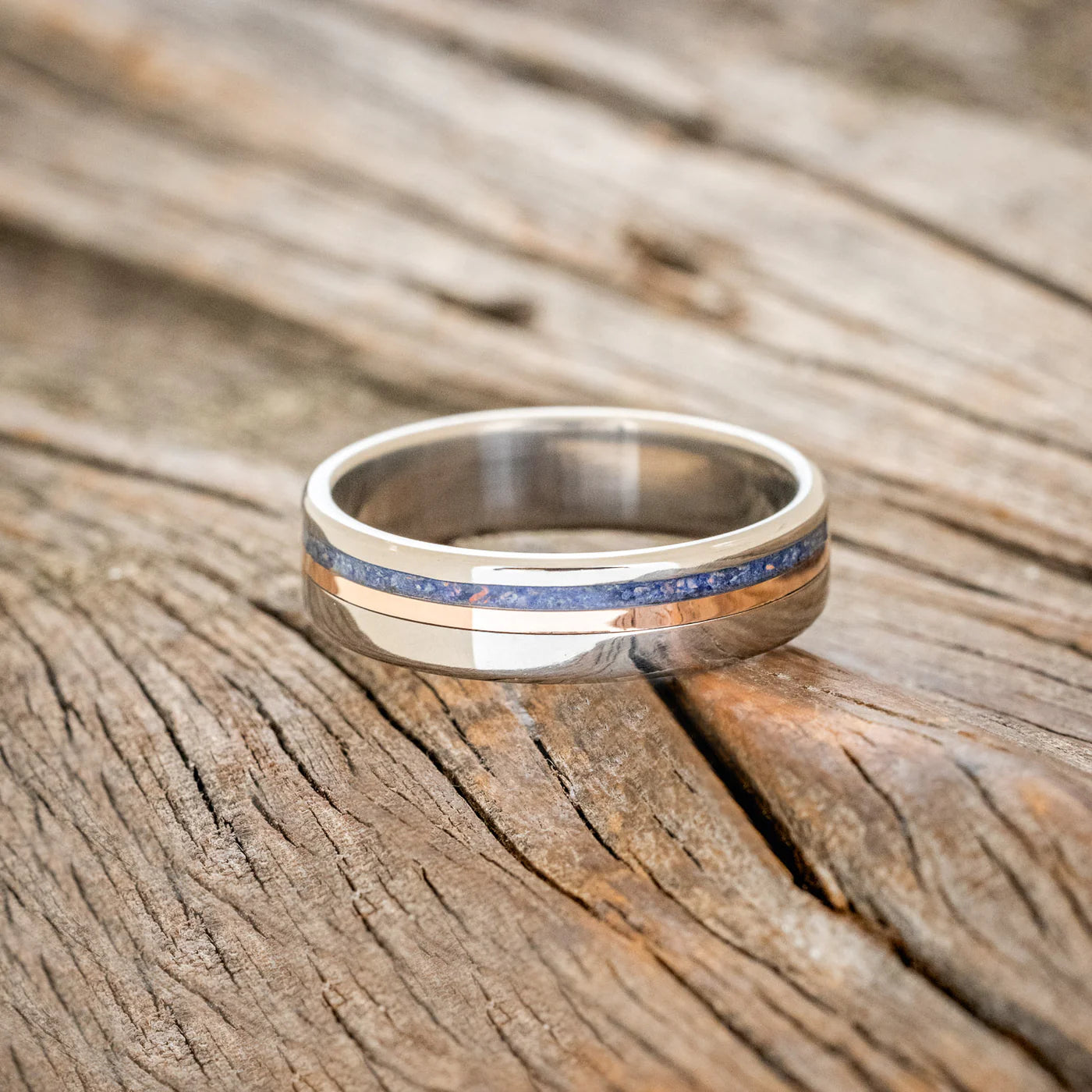 "CASTOR" - LAPIS LAZULI & A 14K GOLD INLAY WEDDING RING - TITANIUM - SIZE 8 1/2-Staghead Designs