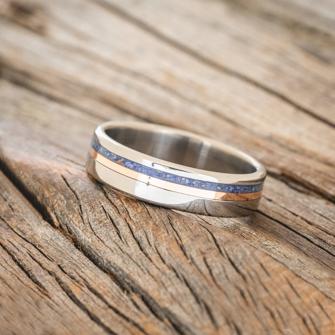 "CASTOR" - LAPIS LAZULI & A 14K GOLD INLAY WEDDING RING - TITANIUM - SIZE 8 1/2-Staghead Designs