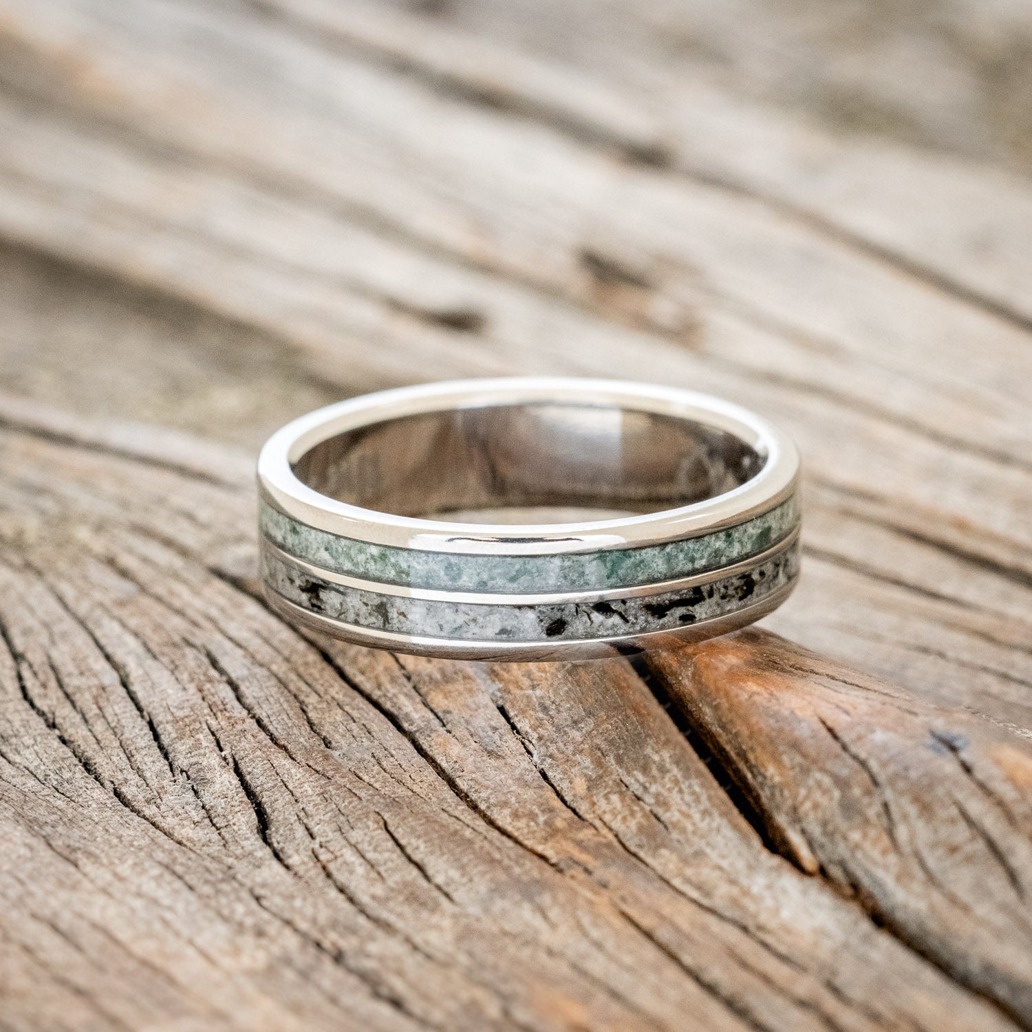 "DYAD" - MOSS AGATE & MOONSTONE WEDDING BAND-3