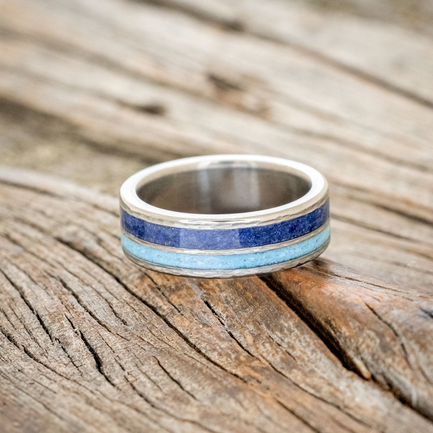 "RAPTOR" - LAPIS LAZULI & TURQUOISE WEDDING RING FEATURING A HAMMERED BAND-3