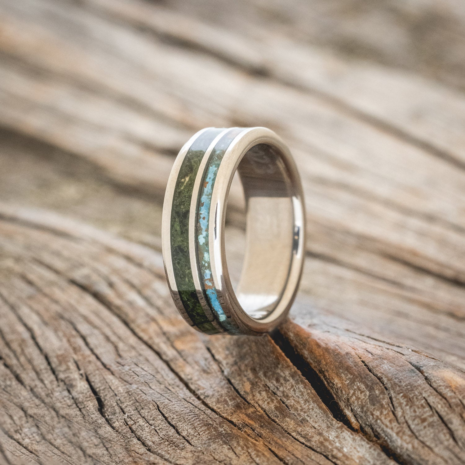 "RAPTOR" - PATINA COPPER WITH MOLDAVITE & MOSS MIX WEDDING MATCHING SET-5