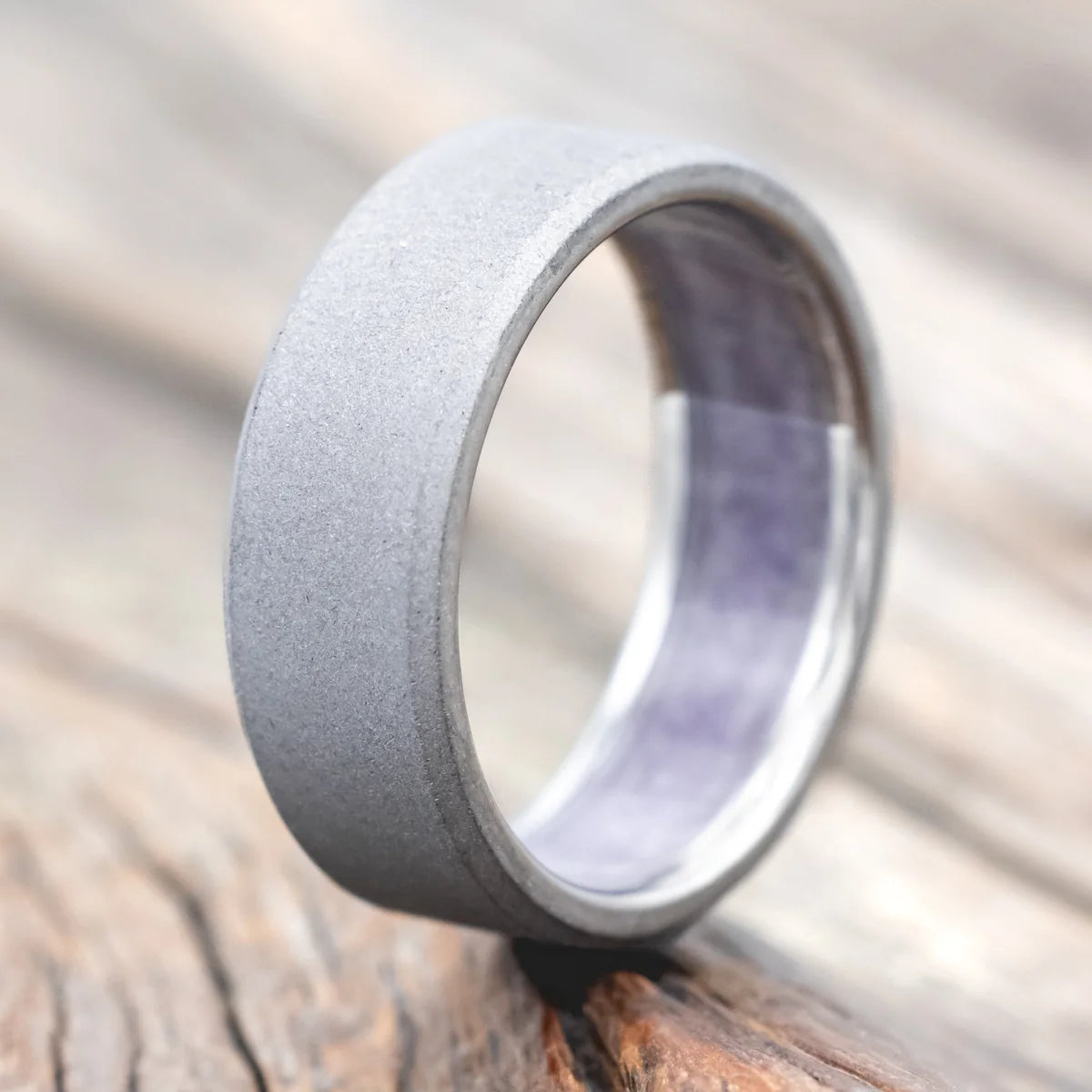 "Hyperion" - Crushed Amethyst Lined Wedding Band With A Sandblasted Finish - Titanium (8mm) - Size 7 1/2